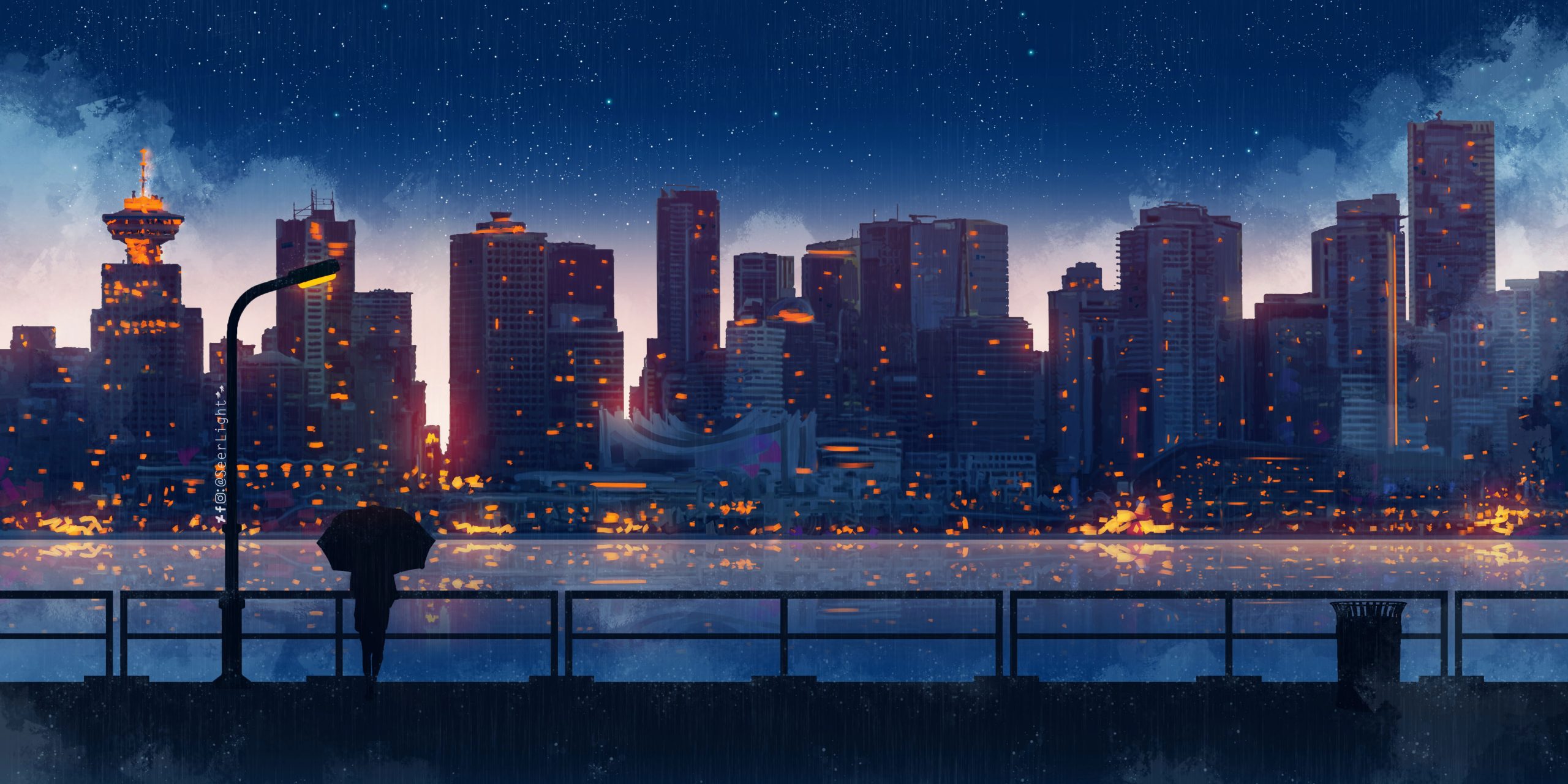 Wallpaper Anime, City, Building, Women, Umbrella, Night