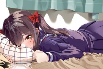 Wallpaper Anime Girl, Lying Down, Shy Expression