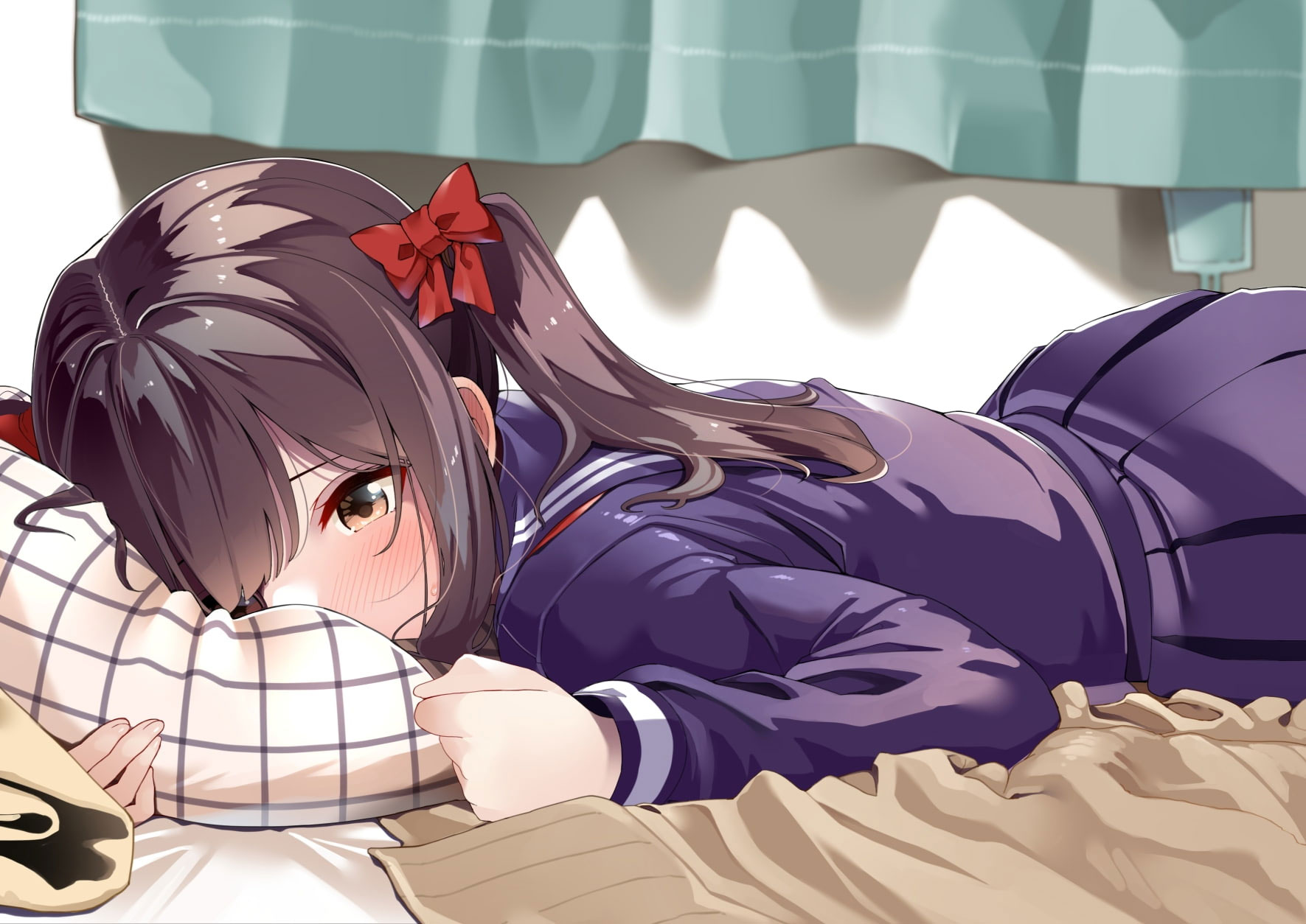 Wallpaper Anime Girl, Lying Down, Shy Expression