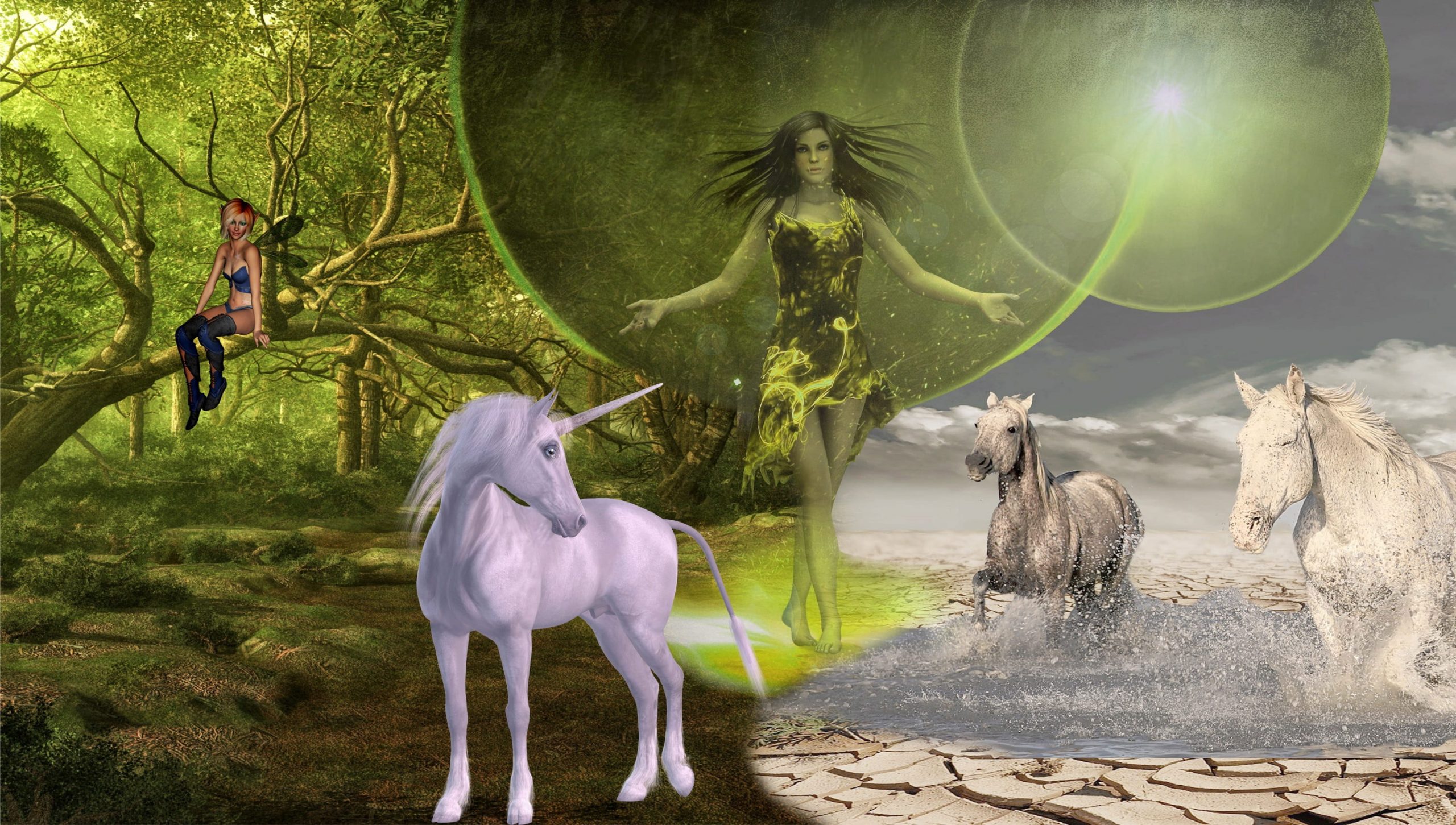 Wallpaper Fairy Standing Between Unicorn And Two Running