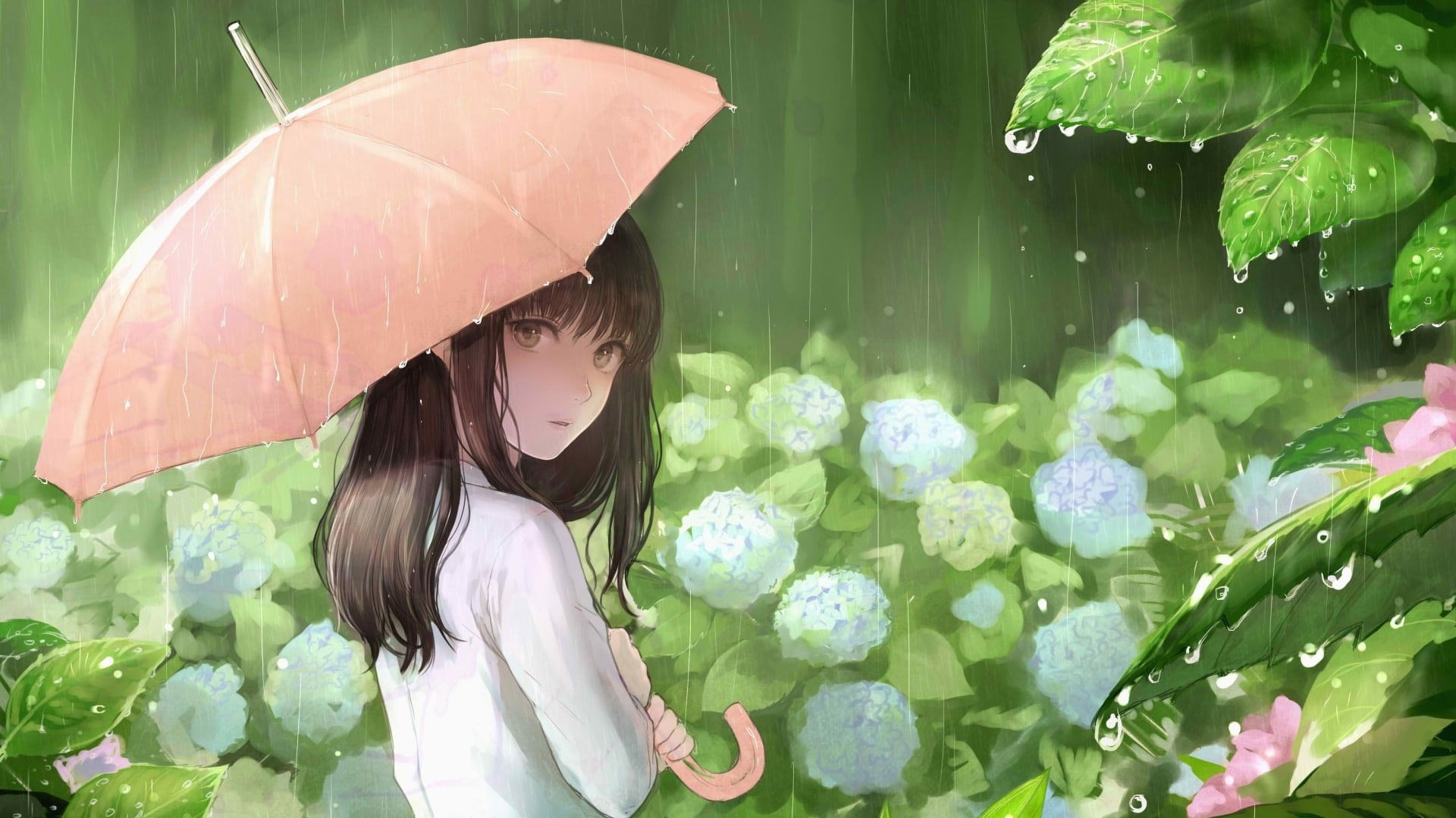 Wallpaper Flowers, Green, Anime Girl, Rainy Day, Anime Art