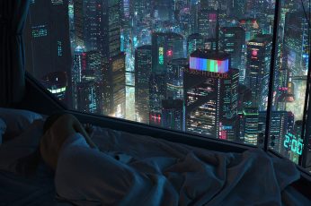 Wallpaper Girl, Night, The City, Window, Bed, Sleep