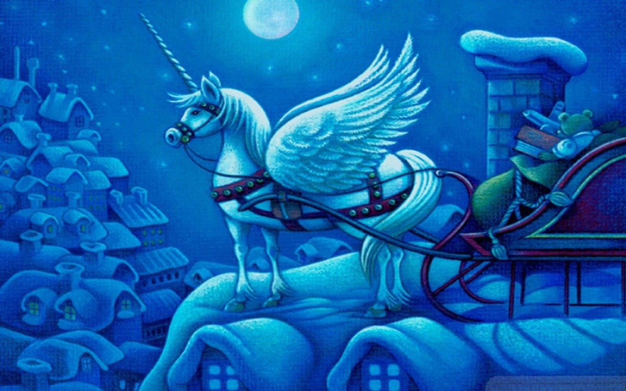Wallpaper Holiday, Christmas, Sleigh, Unicorn
