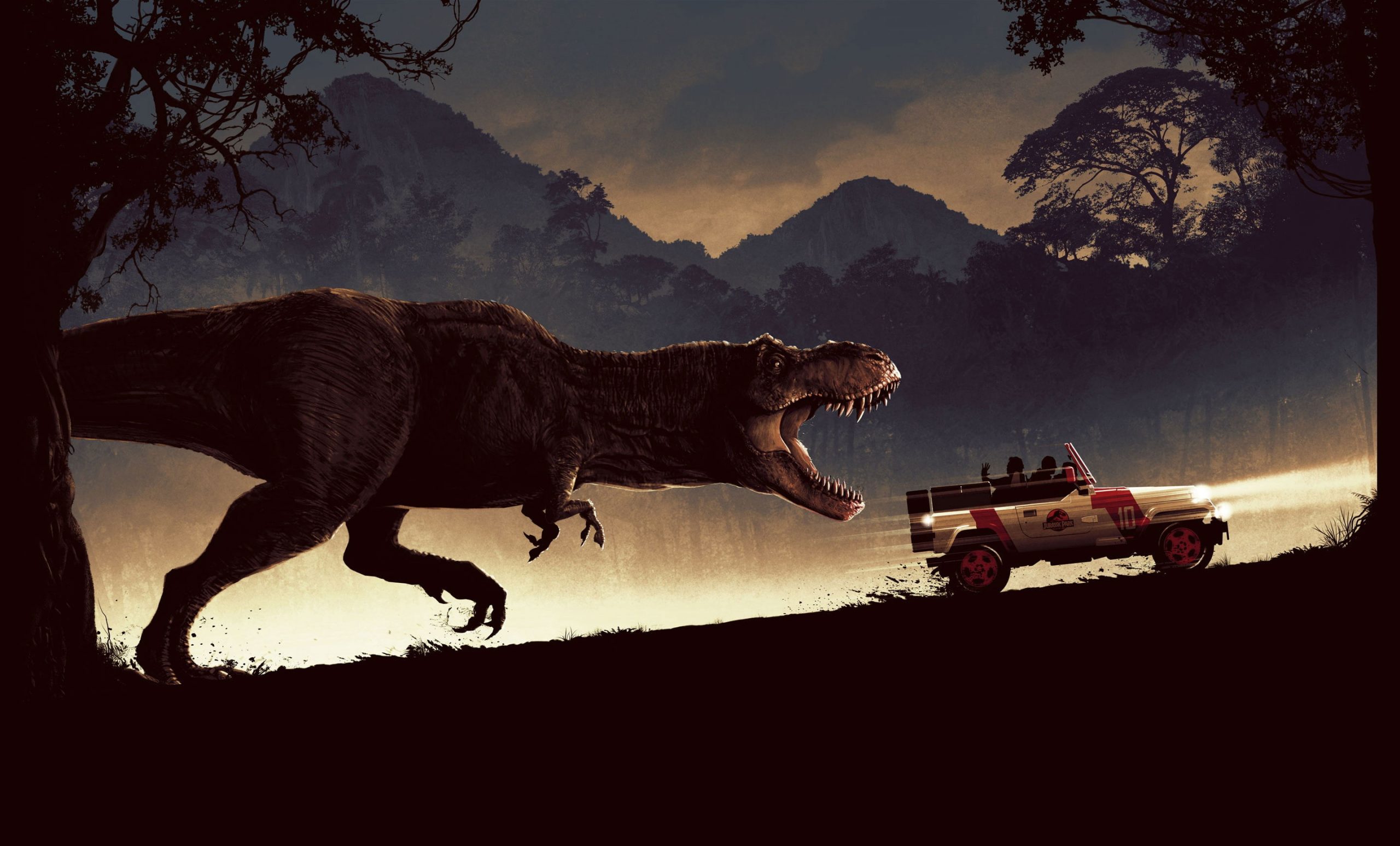 Wallpaper Jurassic Park, Car, Dinosaur, Tyrannosaurus