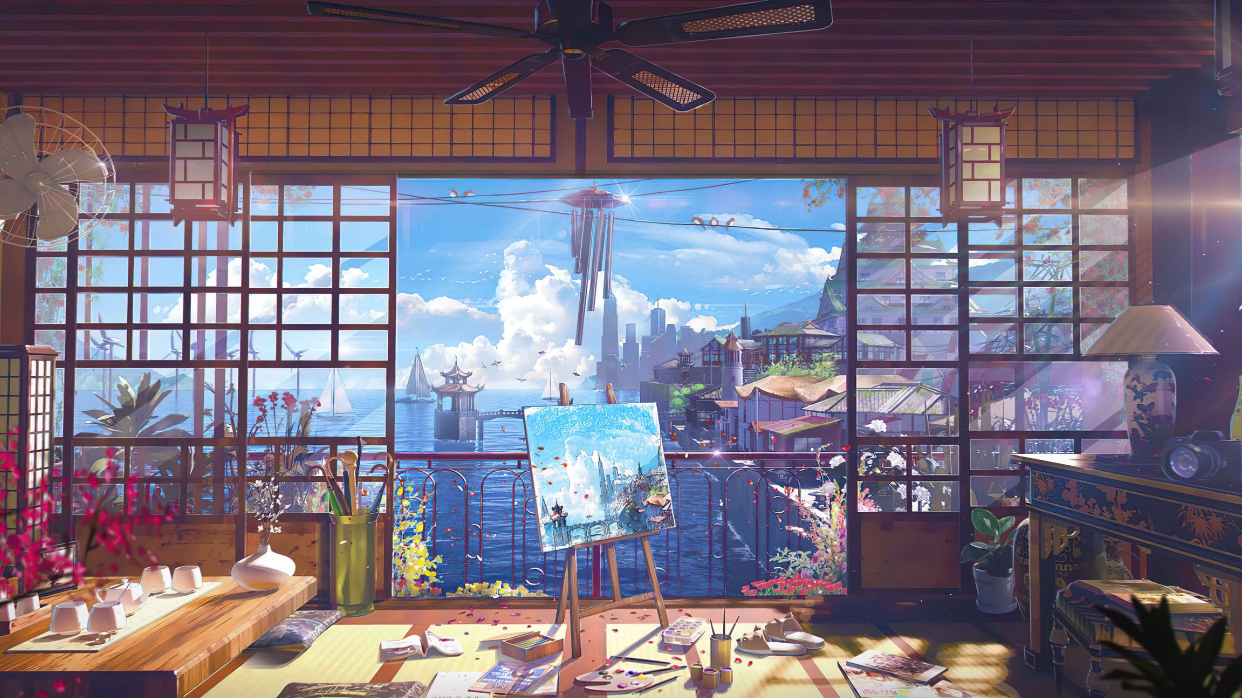 Wallpaper Ocean View, Room, Digital Art, Anime, Painting
