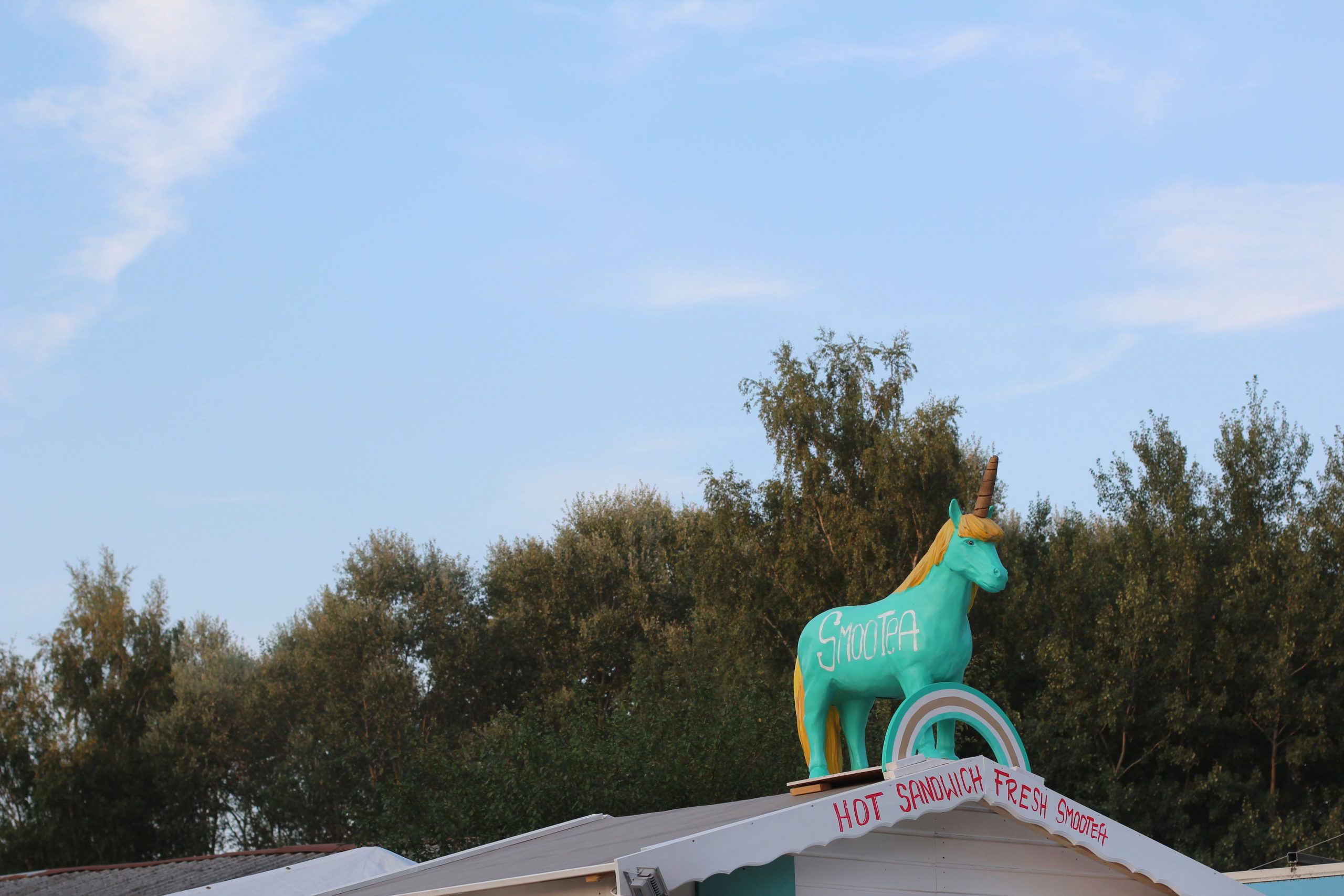 Wallpaper Teal Horse Statue, Unicorn, Sky, Roof, Forest