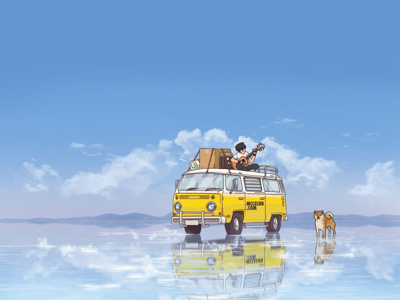 Wallpaper Vintage Yellow Minivan Beside Dog, Anime, Lake