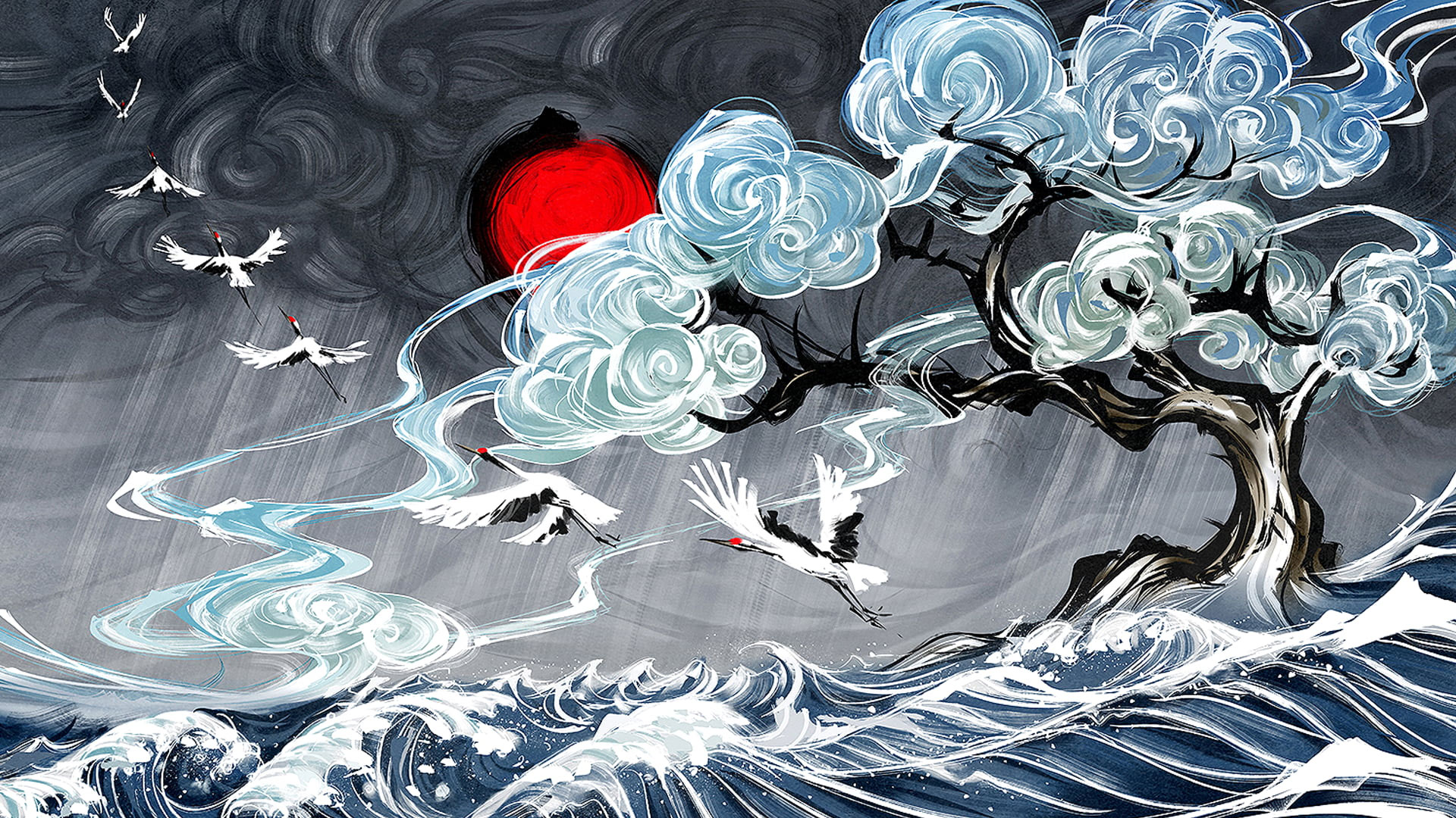 Wallpaper Yuumei, Digital Art, Water, Clouds, Waves, Japan • Wallpaper