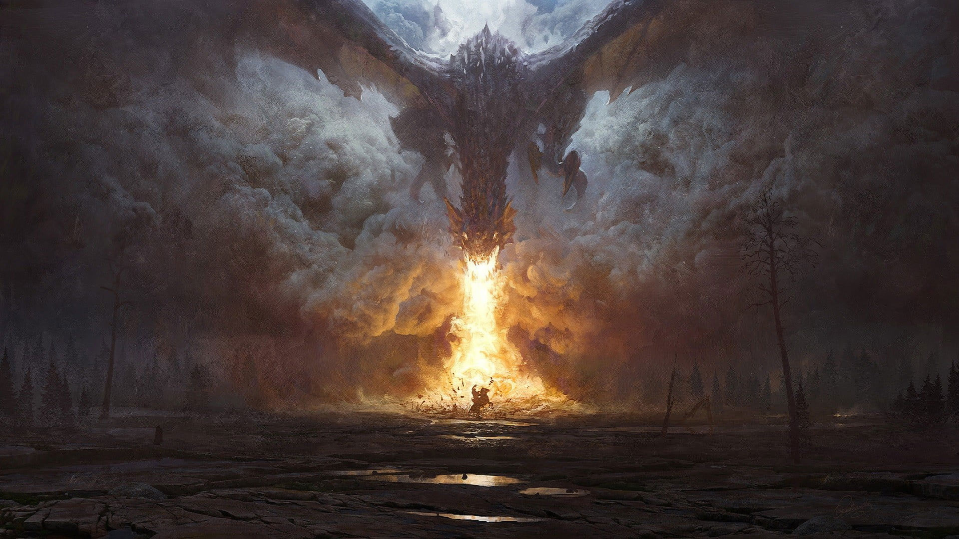 Wallpaper Gray Dragon, Fire, Smoke, Trees, Water, Knight