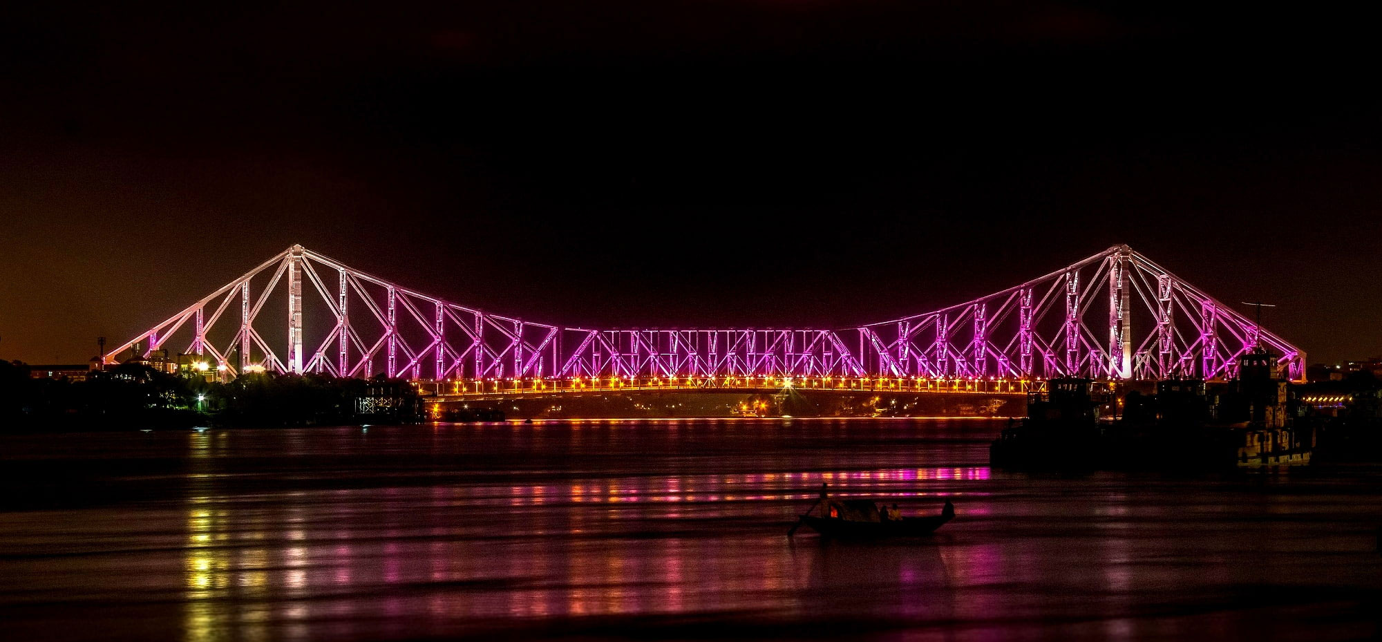 Wallpaper Kolkata, Howrah Bridge, Night, Illuminated