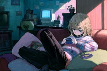 Wallpaper Lofi Anime, Anime Girls, Indoors, In Sofa, Blonde
