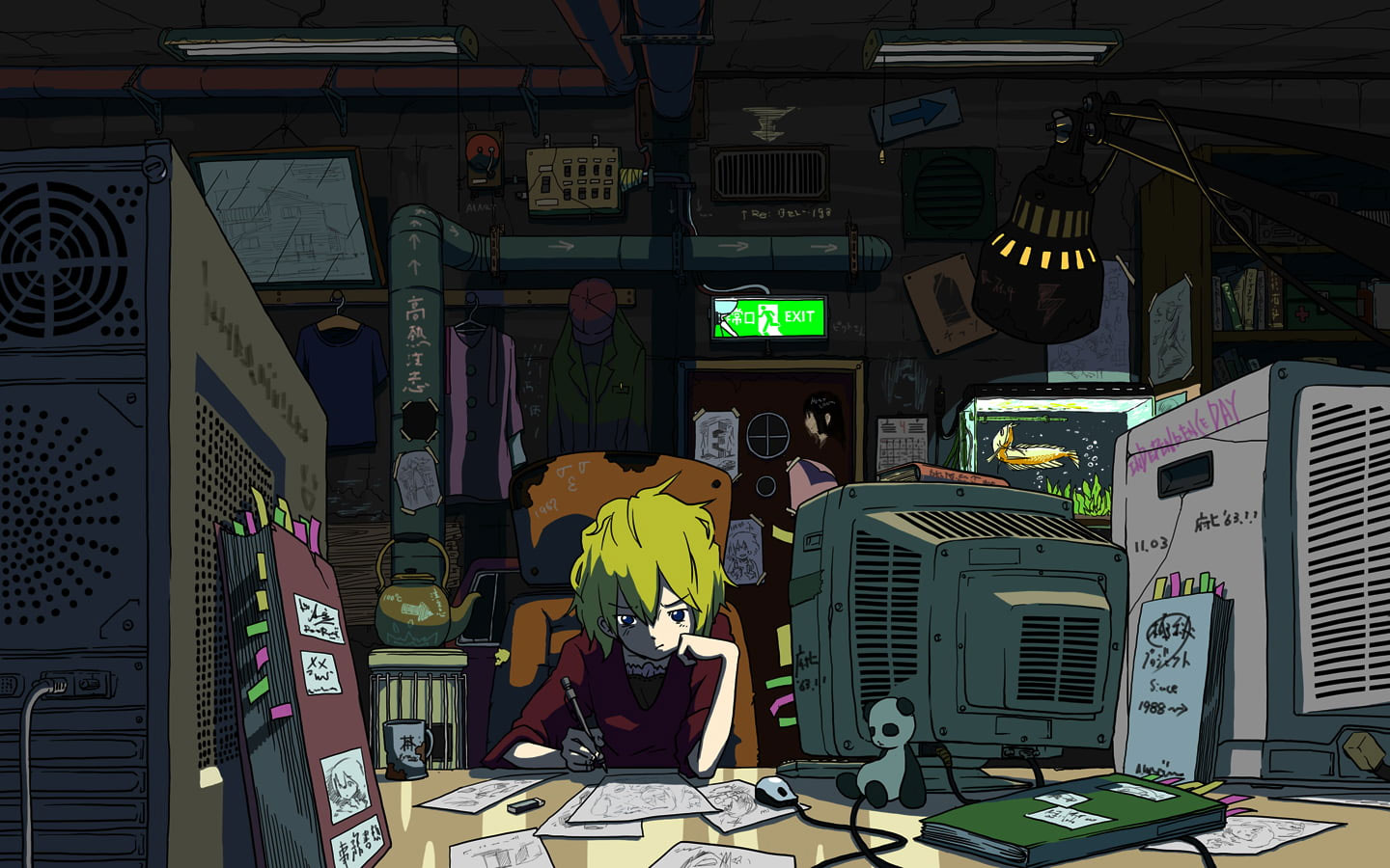 Wallpaper Lofi Boy Writing In Front Of Crt Tv Illustration, Anime