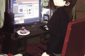 Wallpaper Lofi Brown Haired Female Anime Character Facing Computer