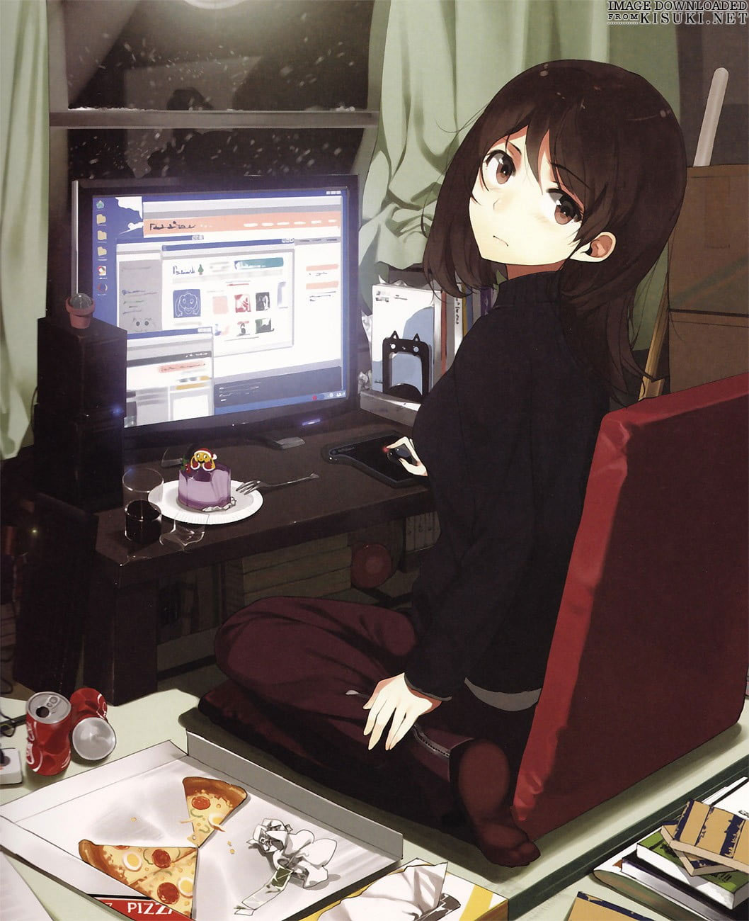 Wallpaper Lofi Brown Haired Female Anime Character Facing Computer