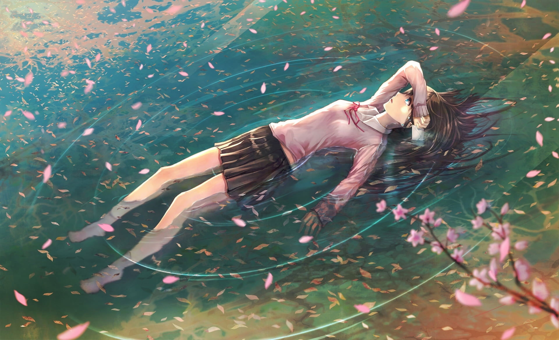 Wallpaper Lofi Female Anime Character Floating On Body Of Water