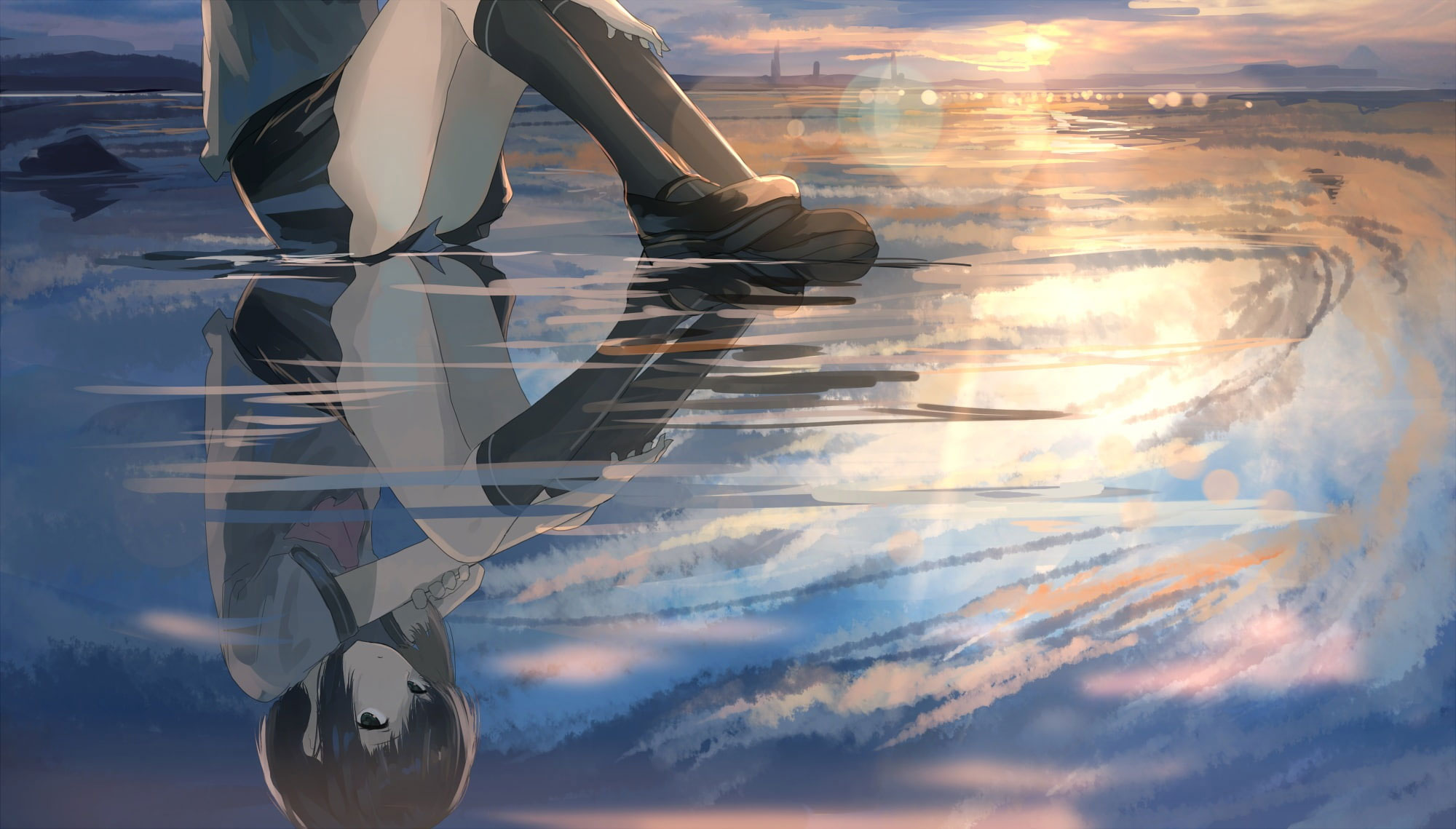 Wallpaper Lofi Reflection, School Uniform, Clouds, Water, Anime, anime, Anime