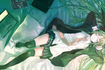 Wallpaper Lofi School Girl, Green, Chilling, Anime, Computer