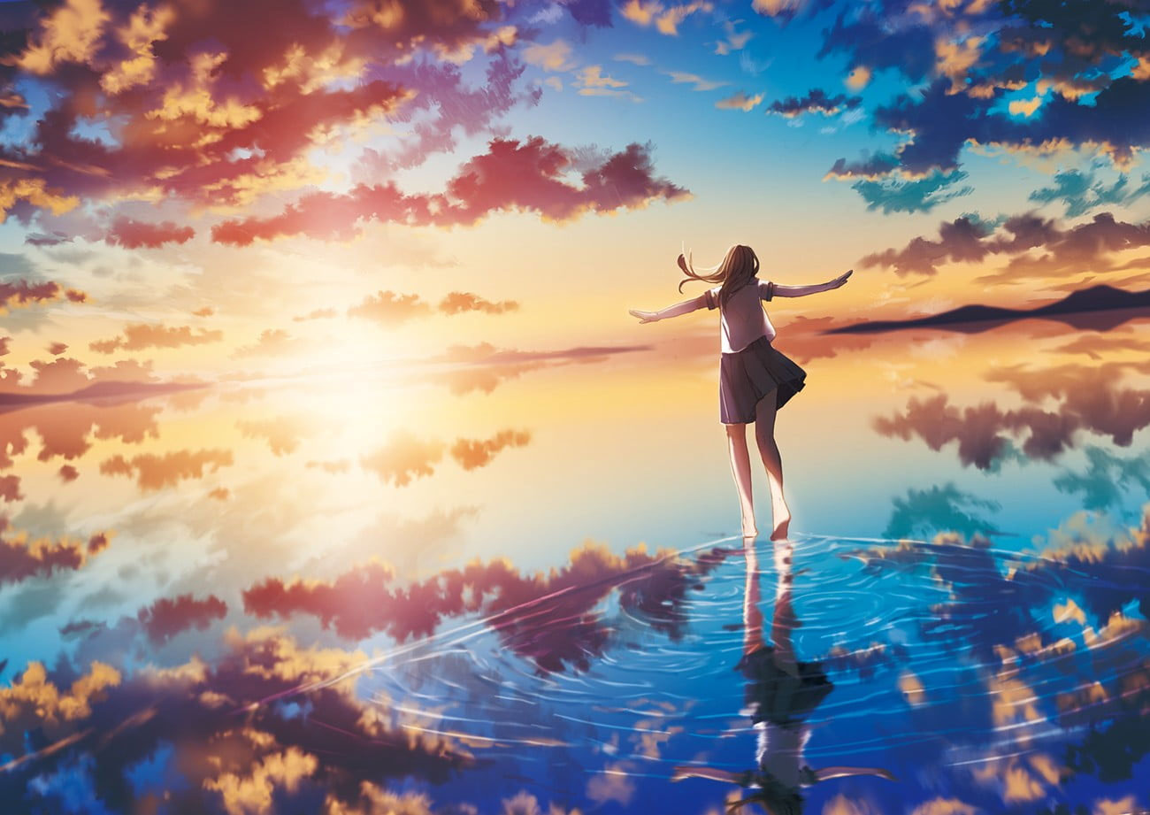 Wallpaper Lofi Sea, Sunset, Clouds, Original Characters, Anime