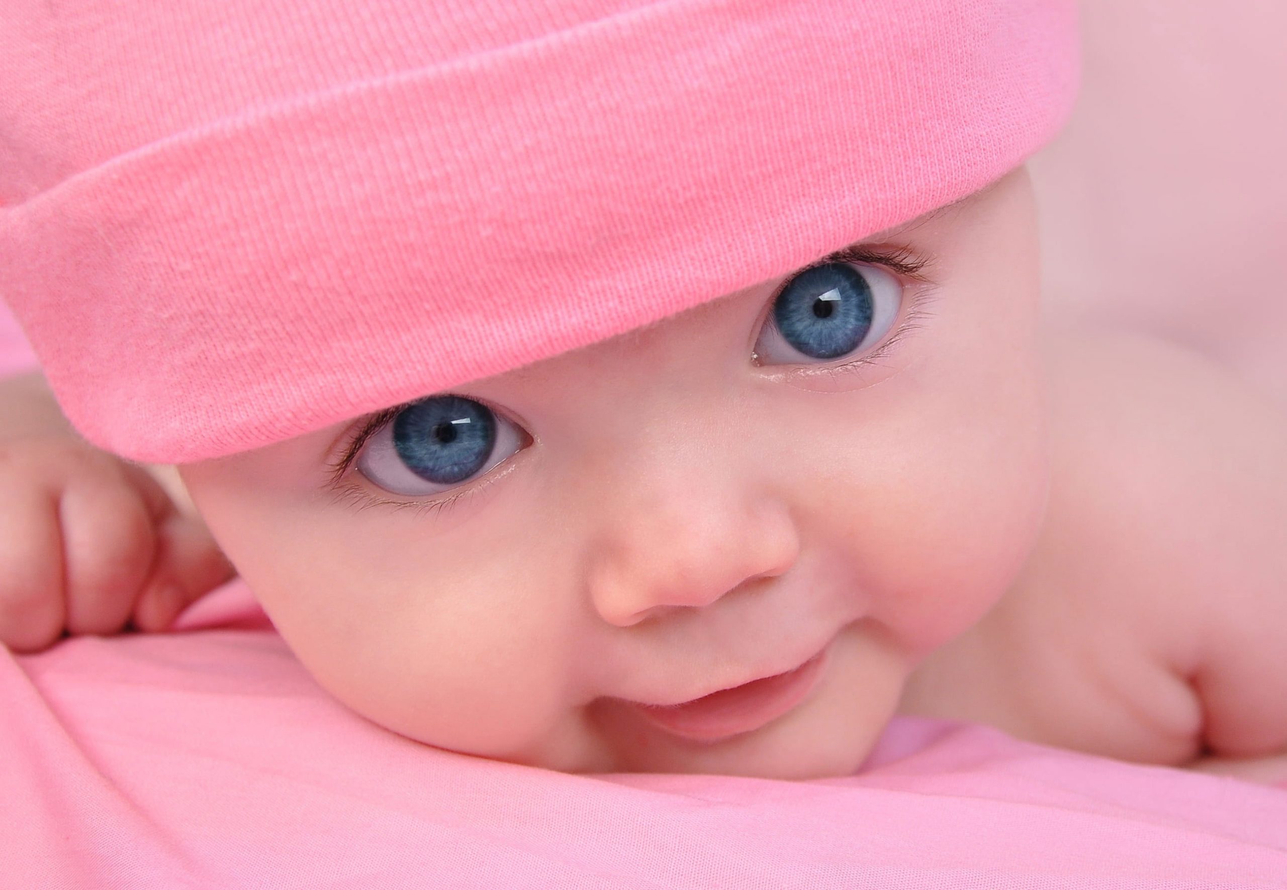 Wallpaper Babys Pink Cap, Blue Eyes, Face, Cute, Hat