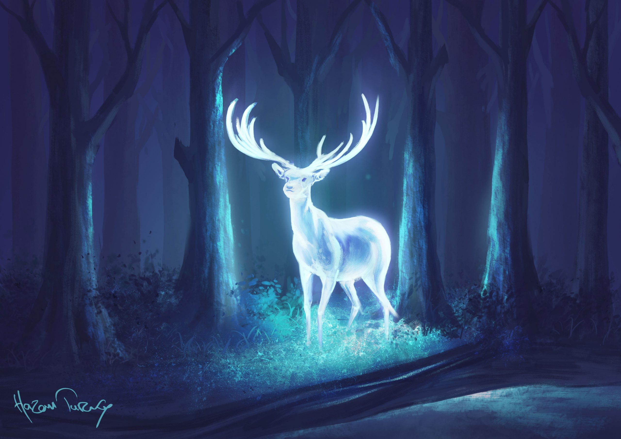 Wallpaper Digital Art, Deer, Forest, Neon, Fantasy Art