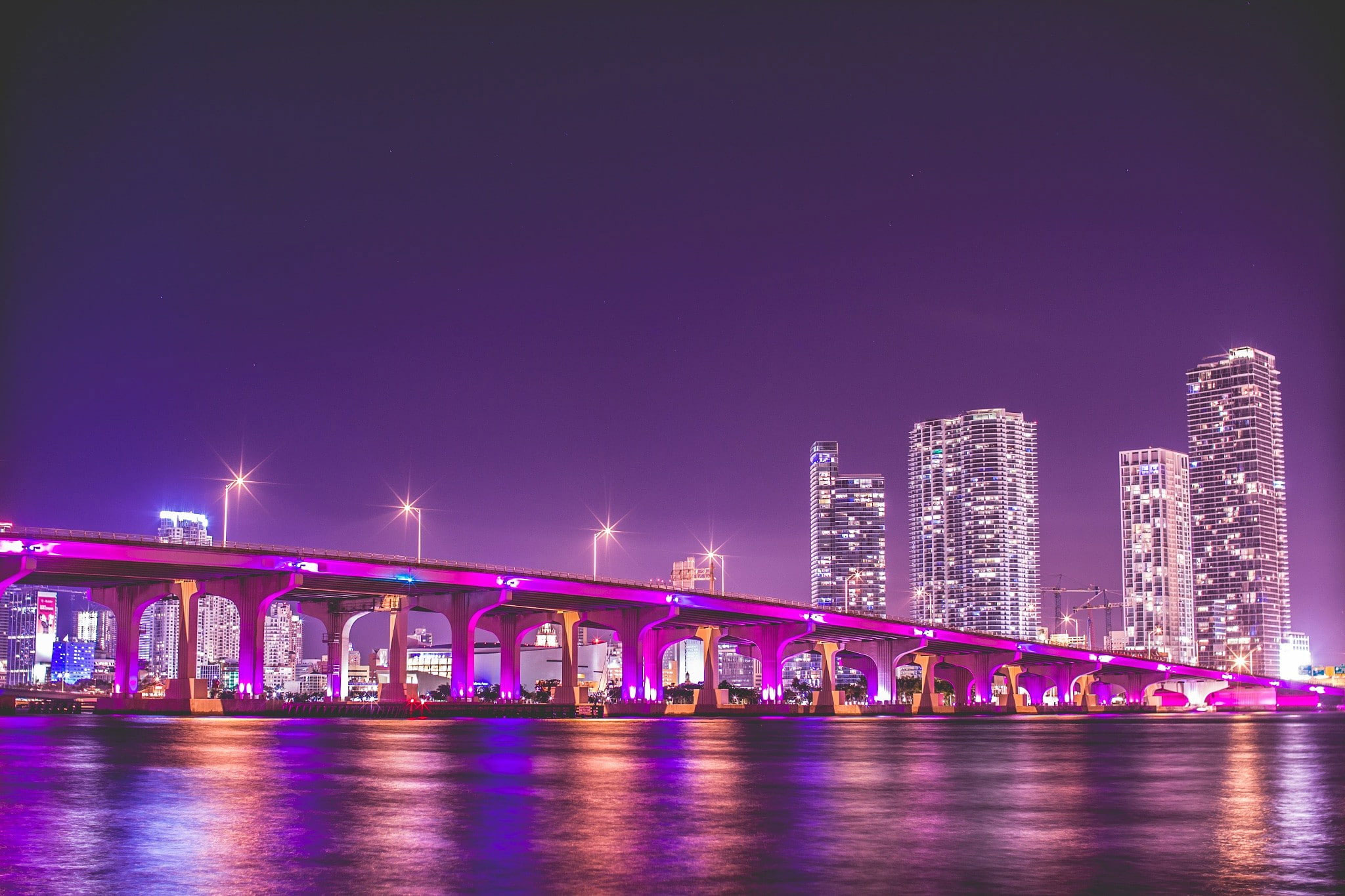 Wallpaper Florida, Miami, Lightened Buildings Near Bridge