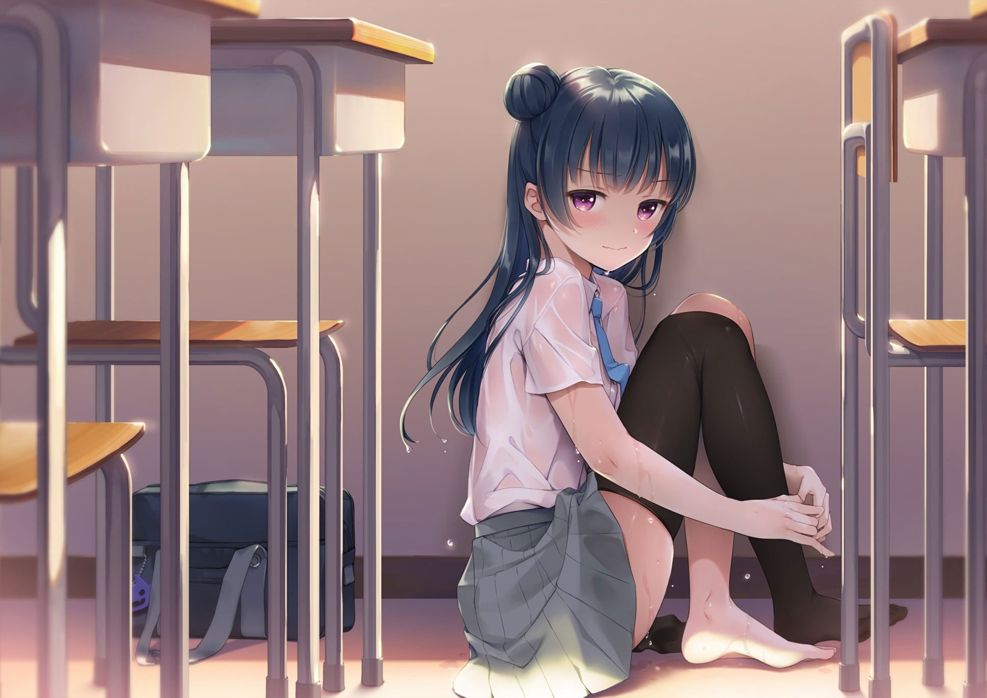 Wallpaper Girl Anime At School Digital, Barefoot