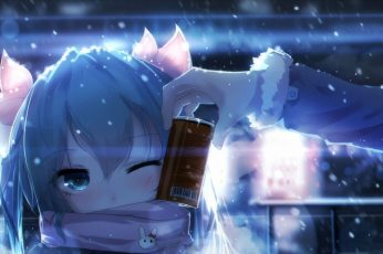 Wallpaper Hatsune Miku, Snow, Scarf, Winter, Coffee