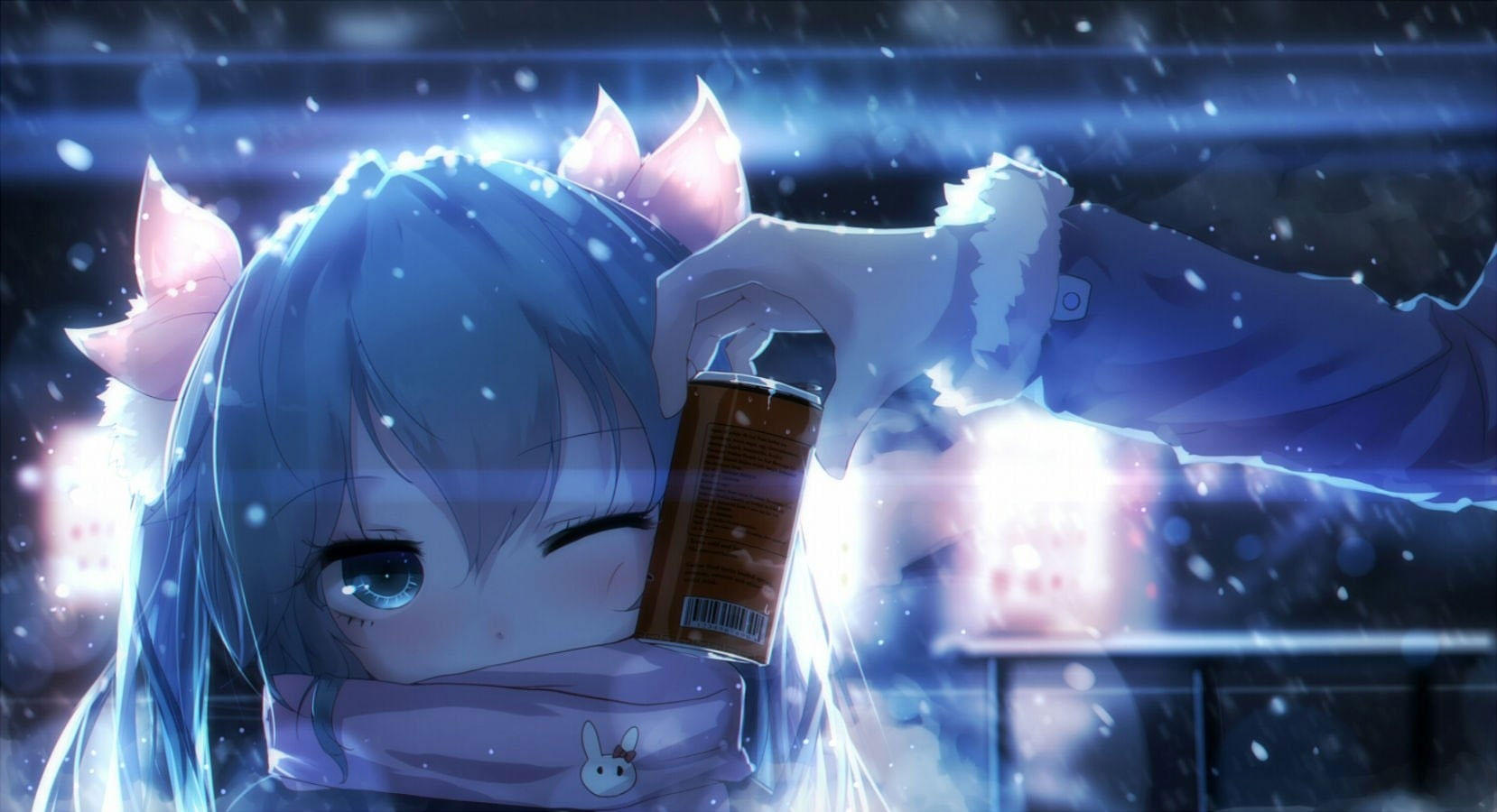 Wallpaper Hatsune Miku, Snow, Scarf, Winter, Coffee