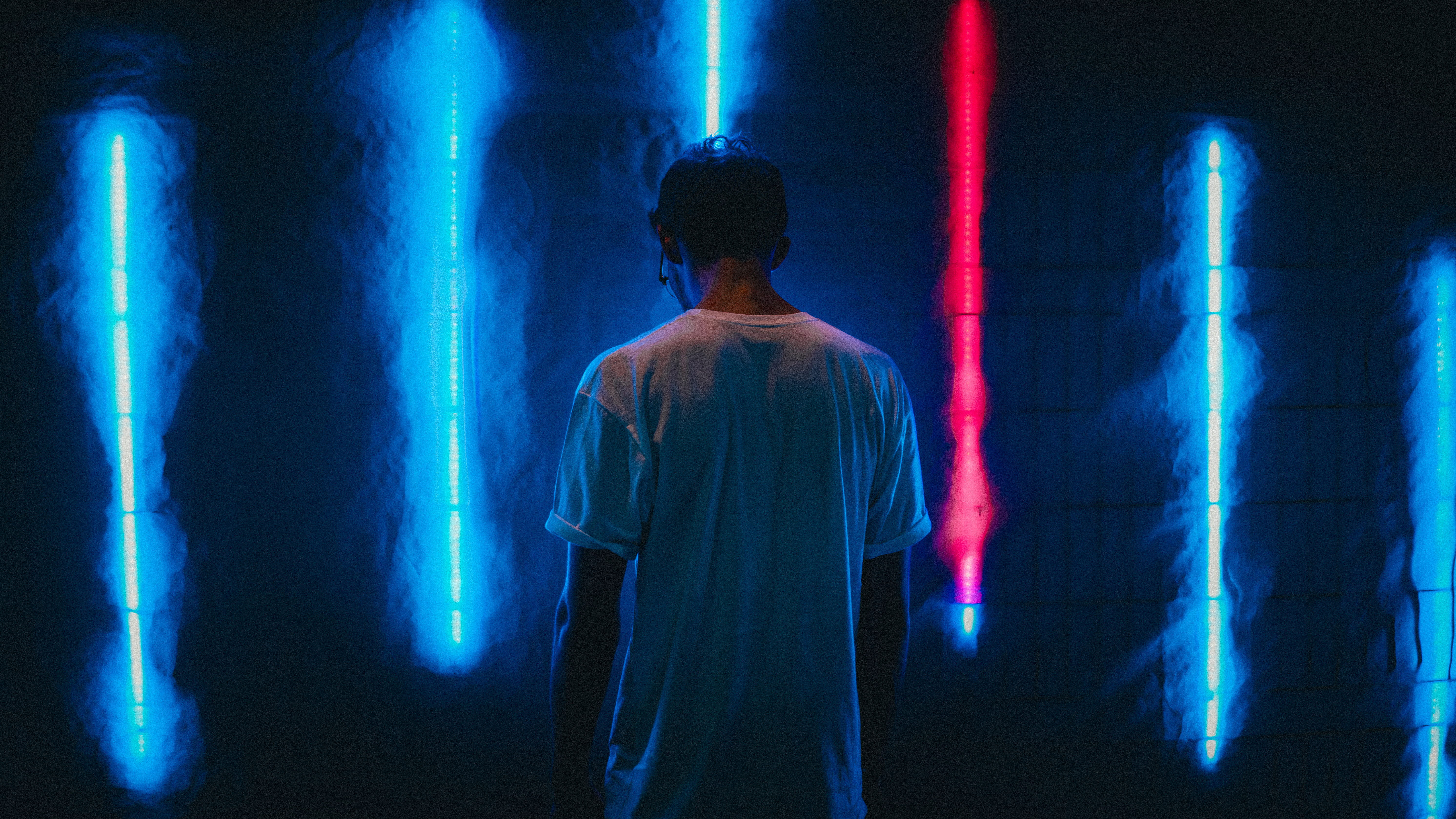 Wallpaper Man Standing Near Blue Led Strips, Night, Light, light, Neon