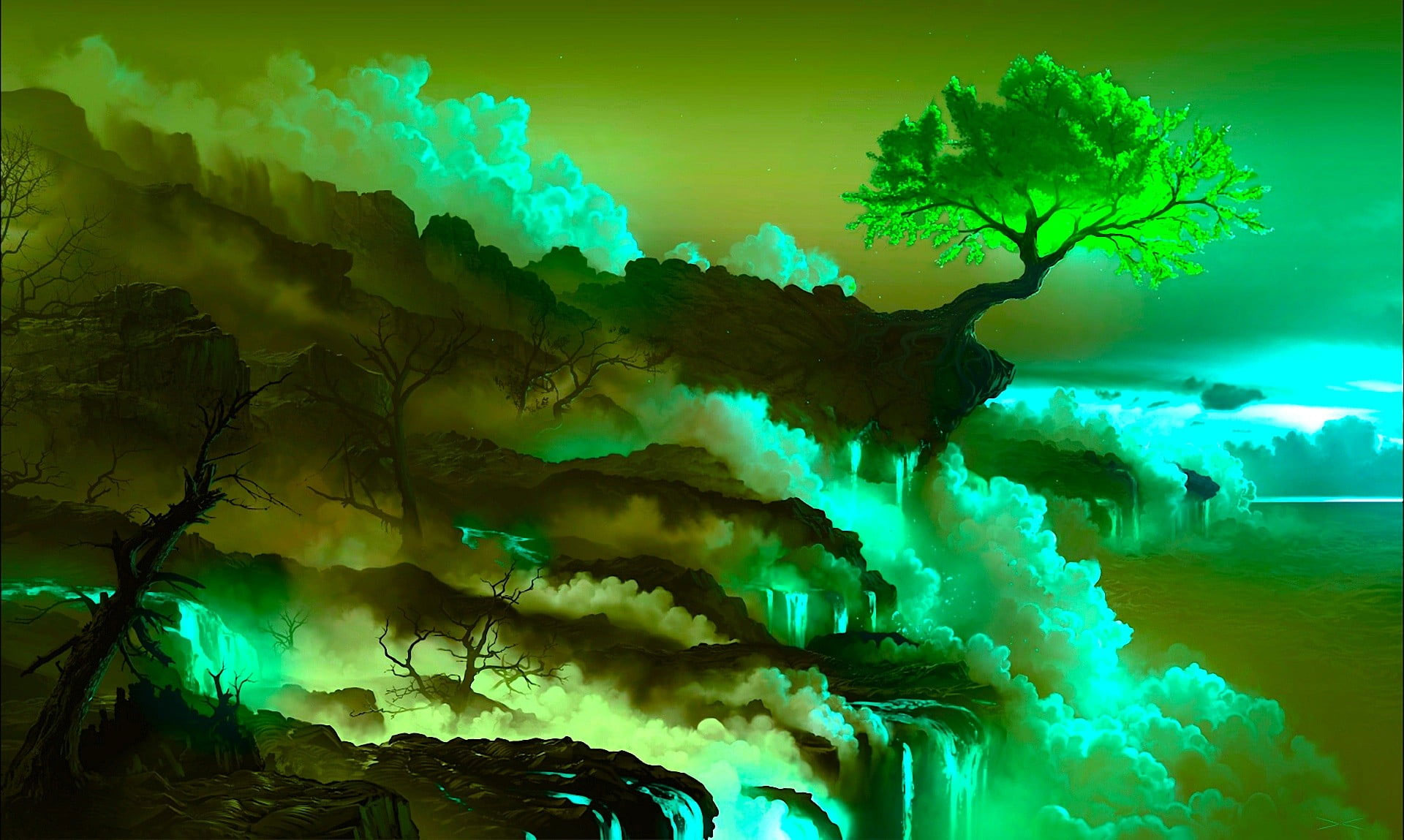 Wallpaper Nature Art Green Leafed Tree Photo, Digital Art