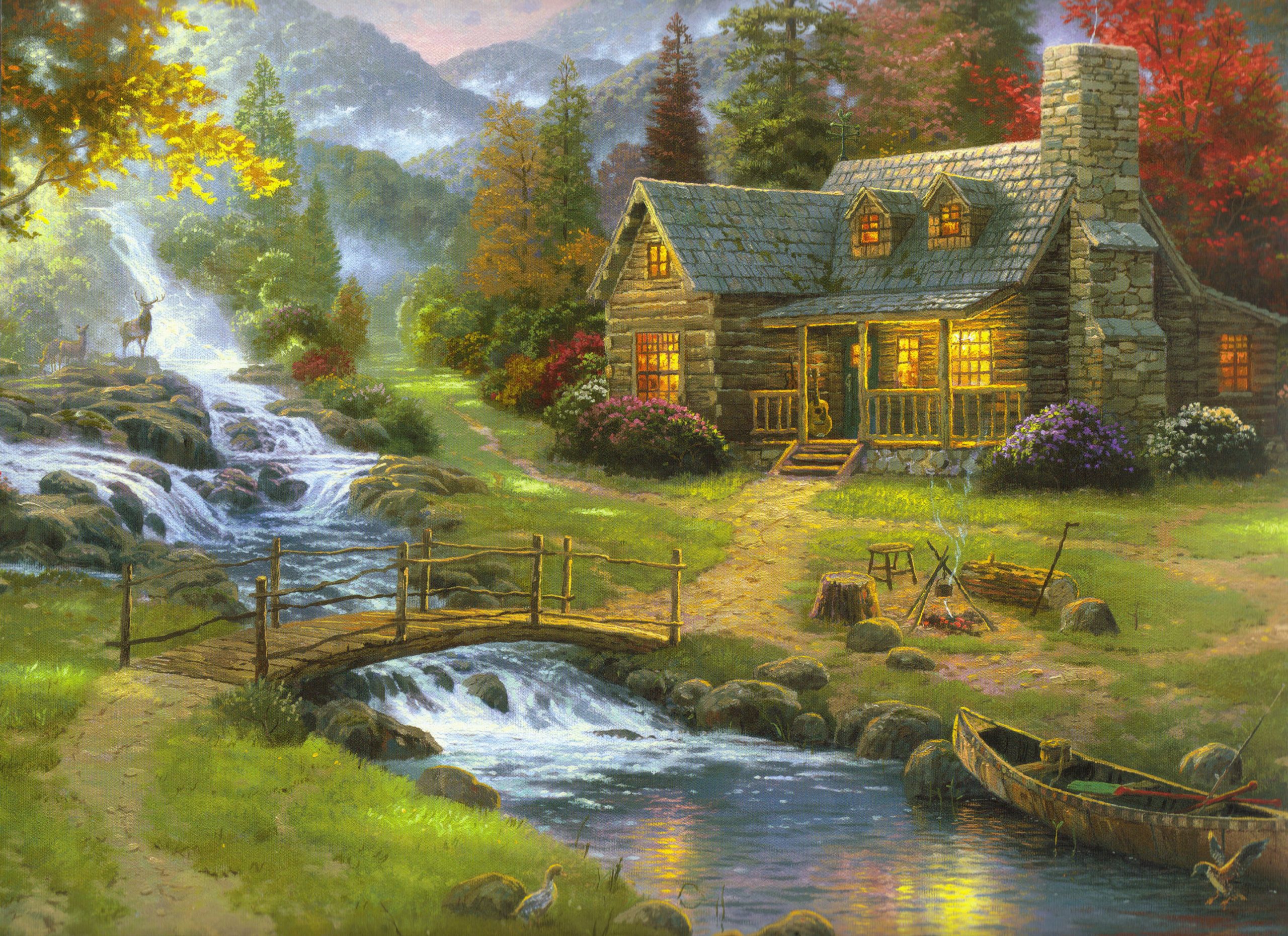 Wallpaper Nature Art Houses Next Tor River And Trees