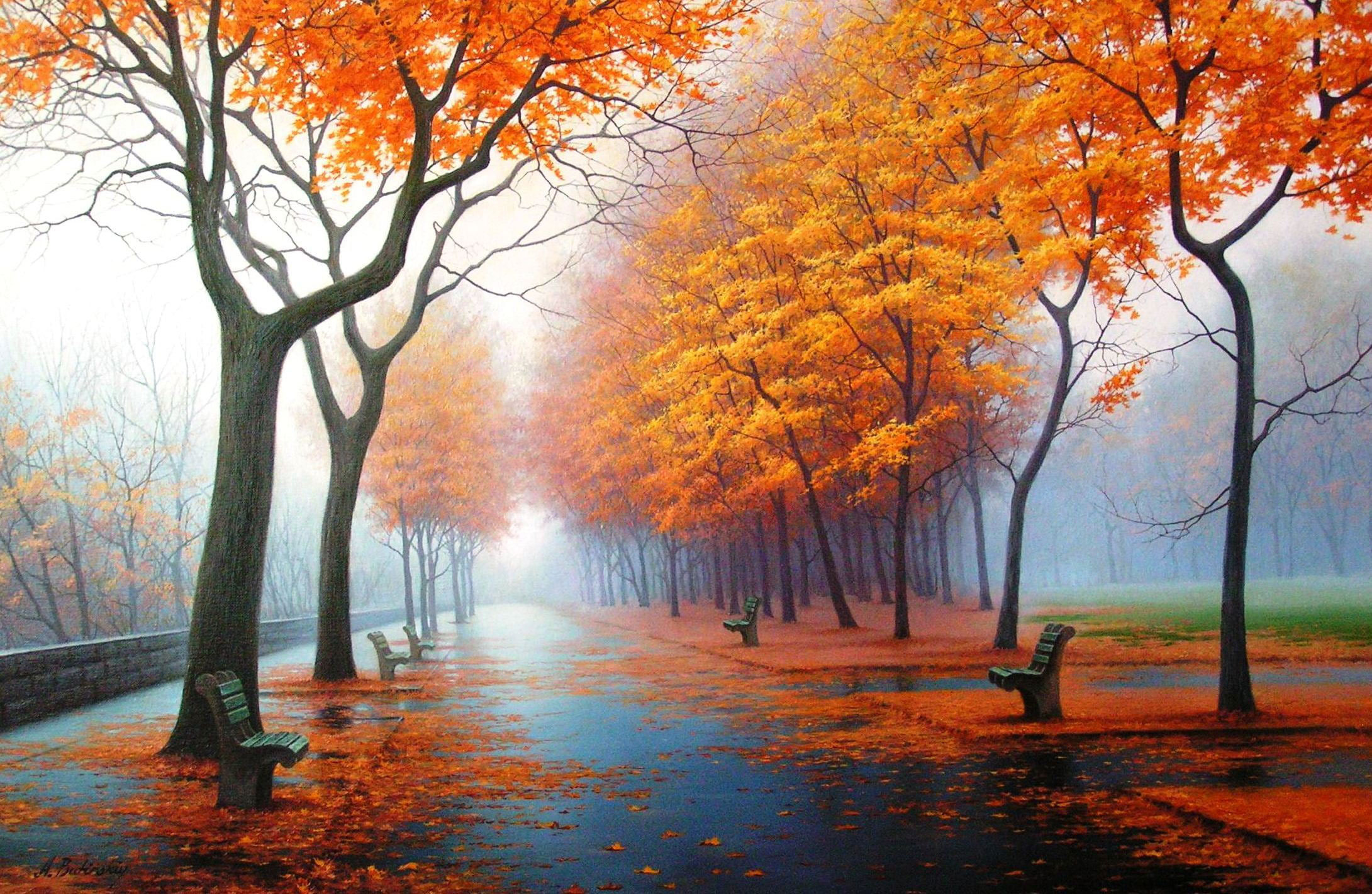 Wallpaper Nature Art Orange Leafed Trees Painting, Autumn