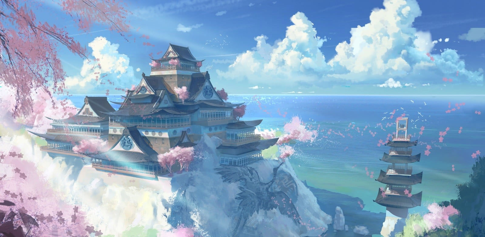 Wallpaper Nature Art Temple And Pagoda Illustration, Anime