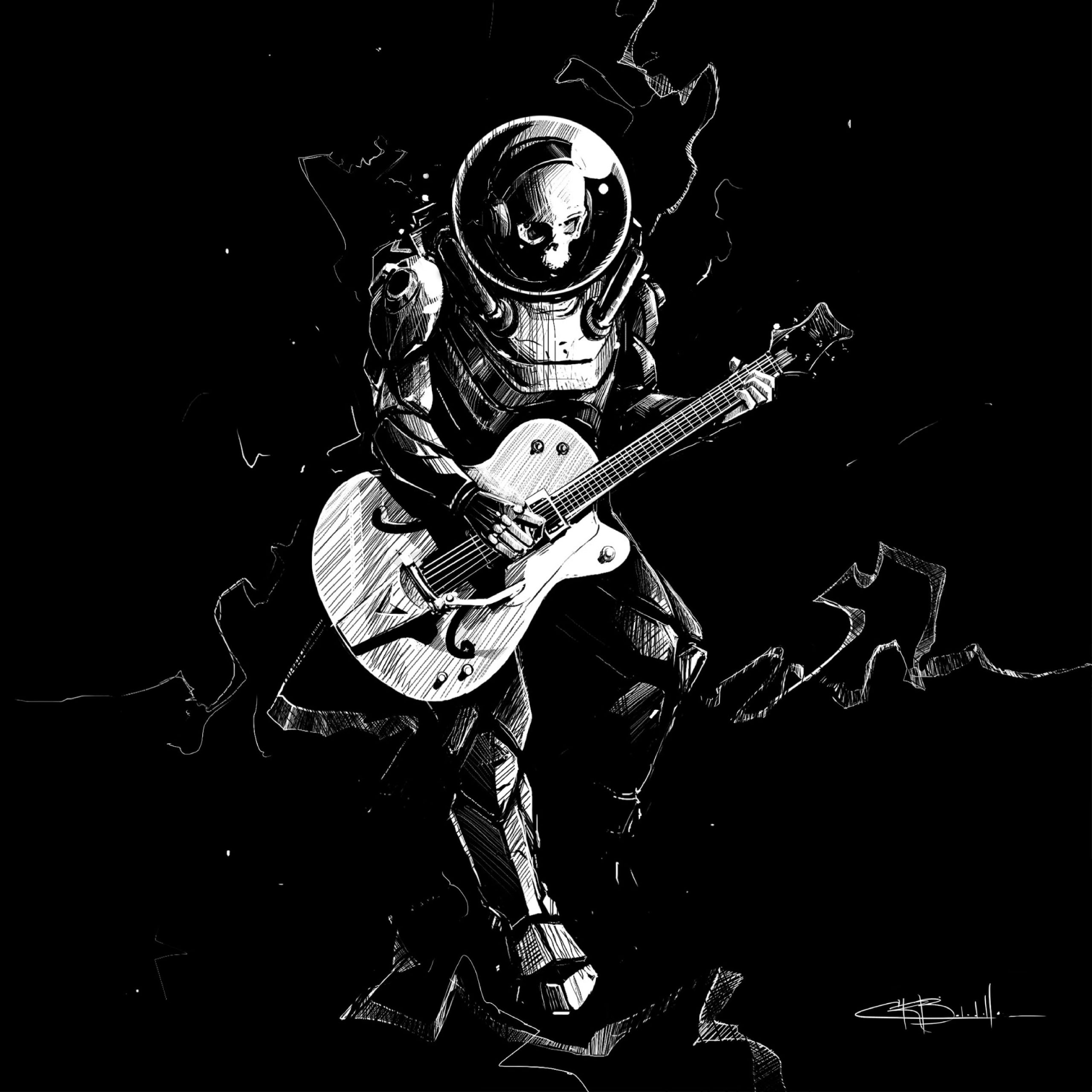 Wallpaper Skeleton, Guitar, Bw, Guitarist, Spacesuit, Art