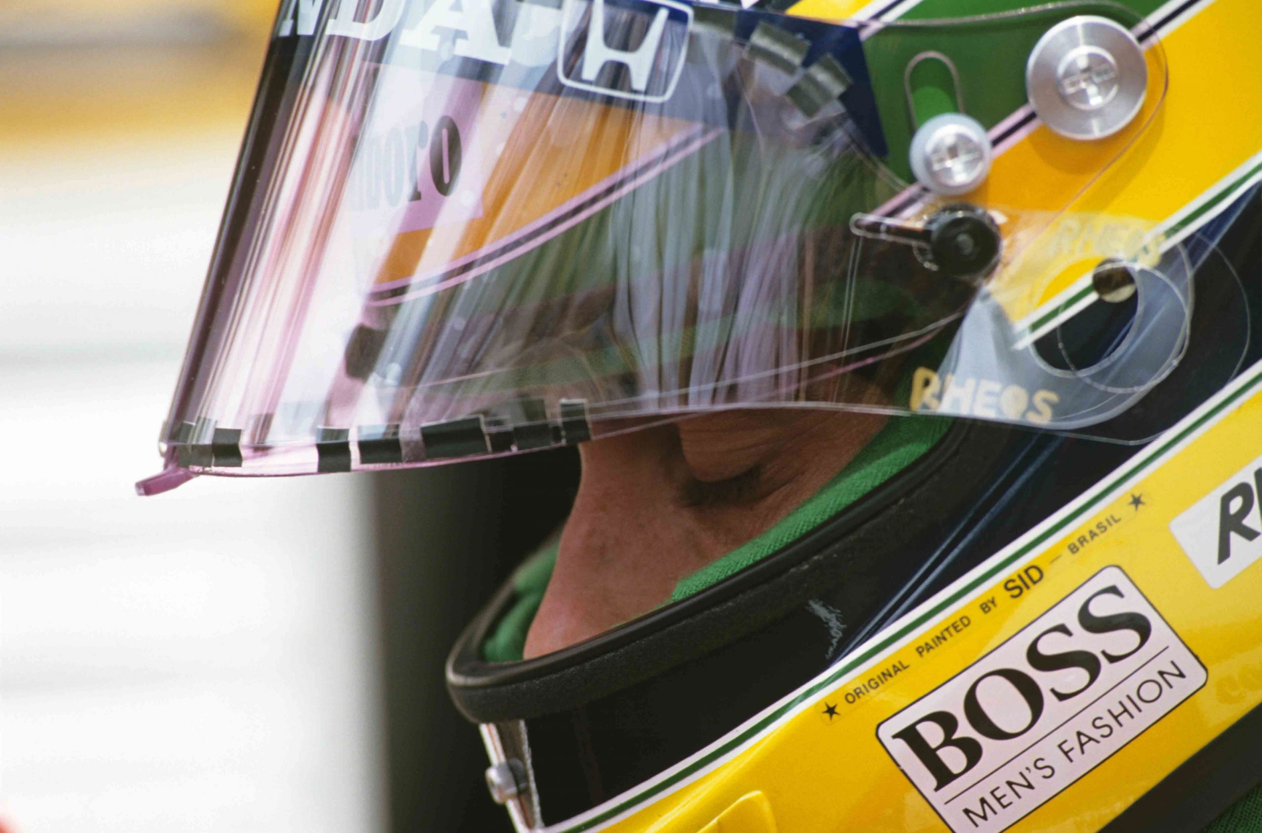 Wallpaper Yellow, Black, And Green Helmet, Ayrton Senna