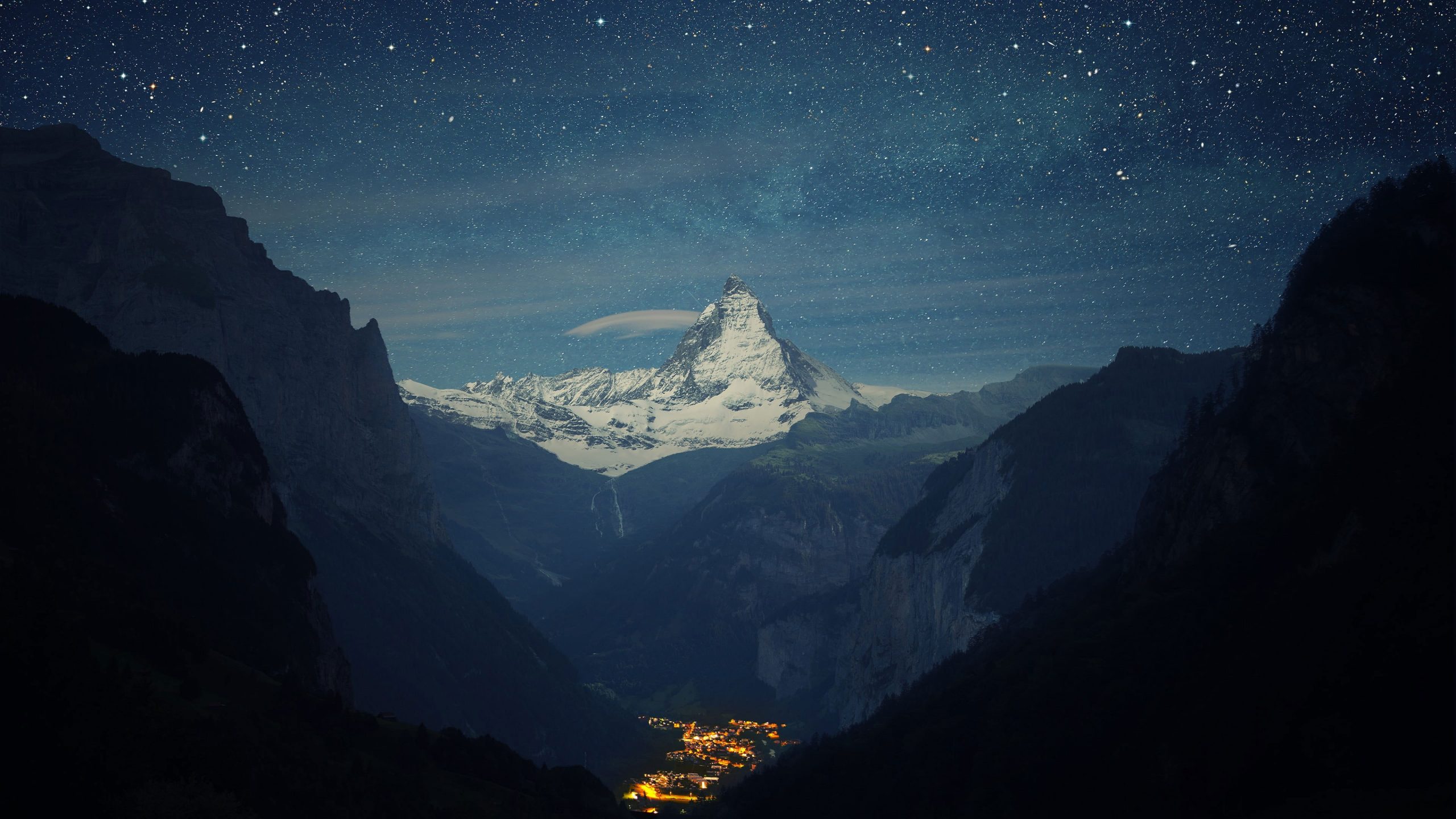 Wallpaper Black Mountain, Snow, Winter, Lights, Night, Stars