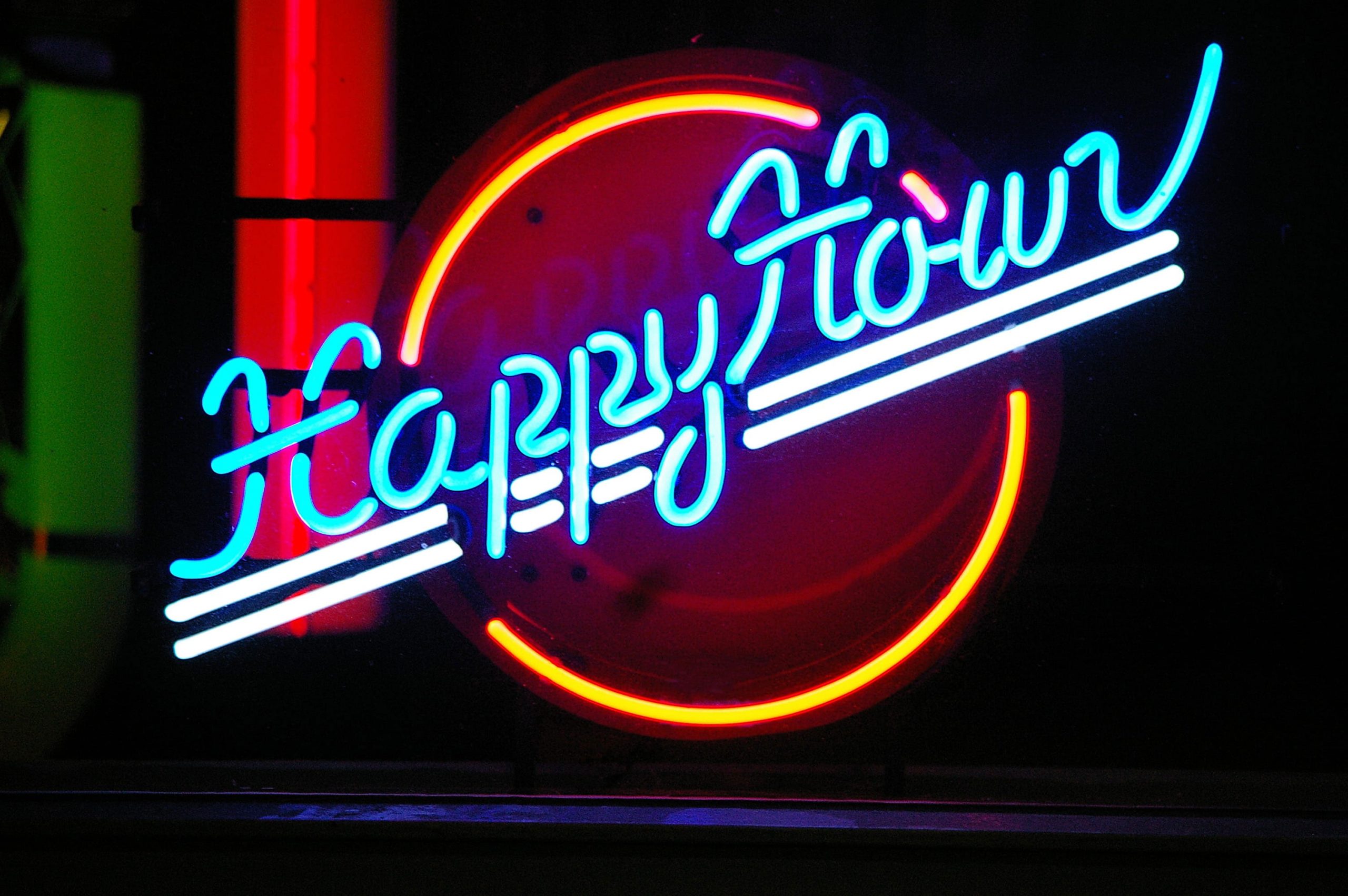 Wallpaper Blue, Yellow, And White Happy Hour Neon Sign