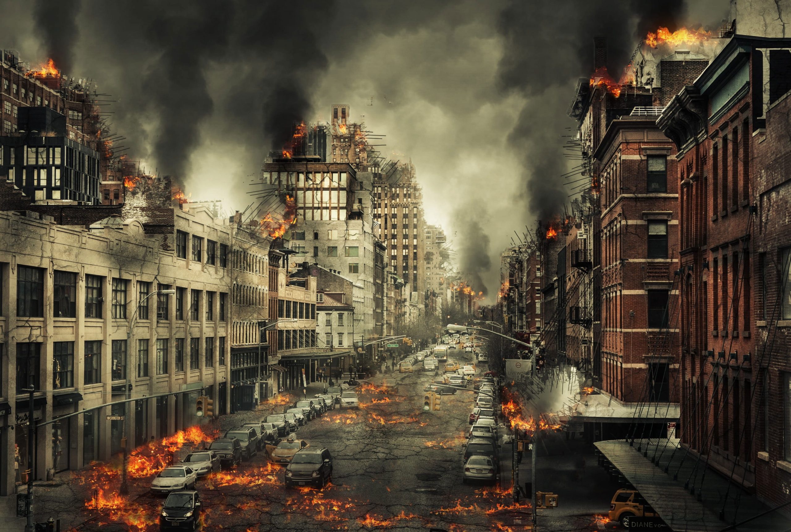 Wallpaper Burning City With With Dark Smoke Illustration