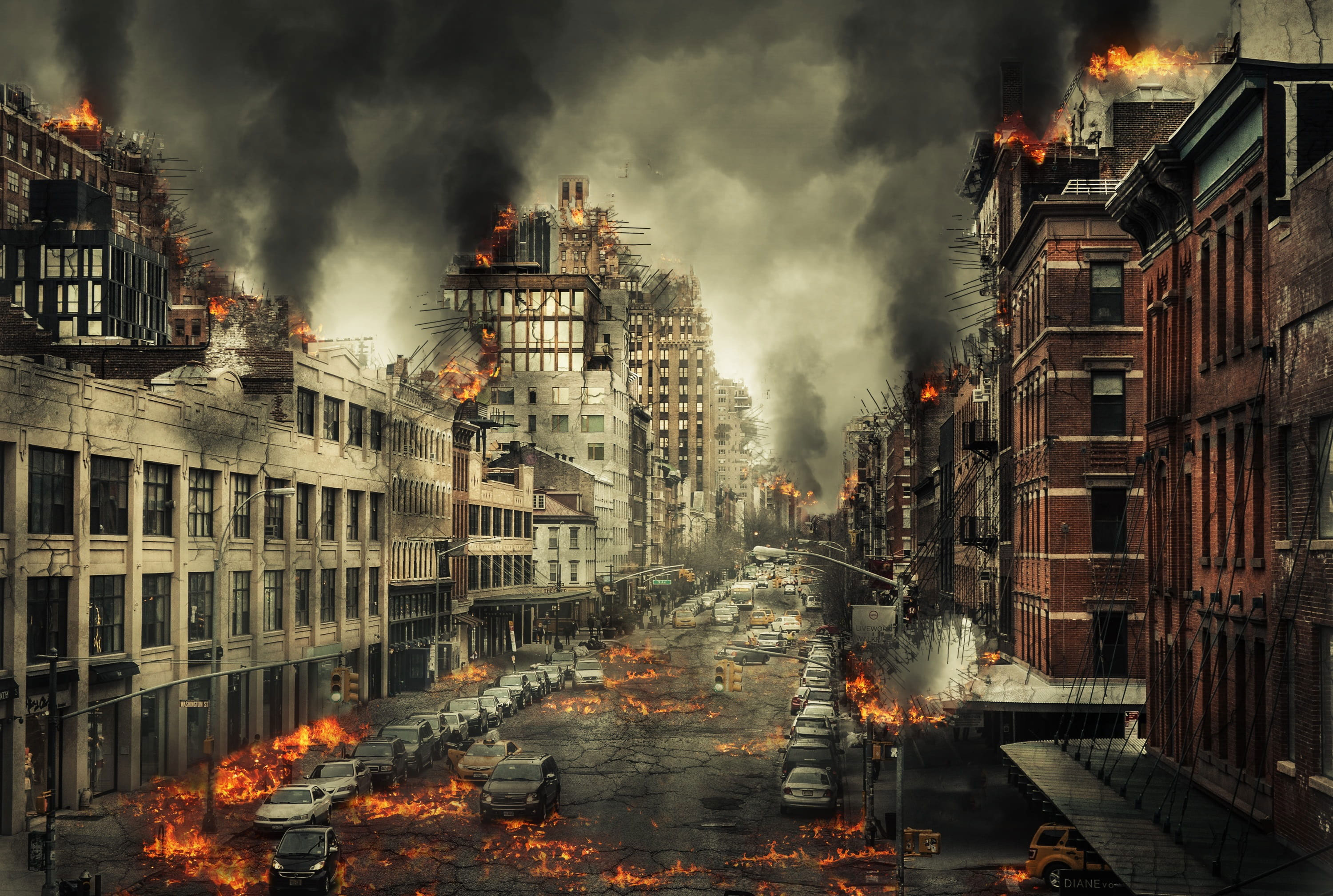 Wallpaper Burning City With With Dark Smoke Illustration, City, City