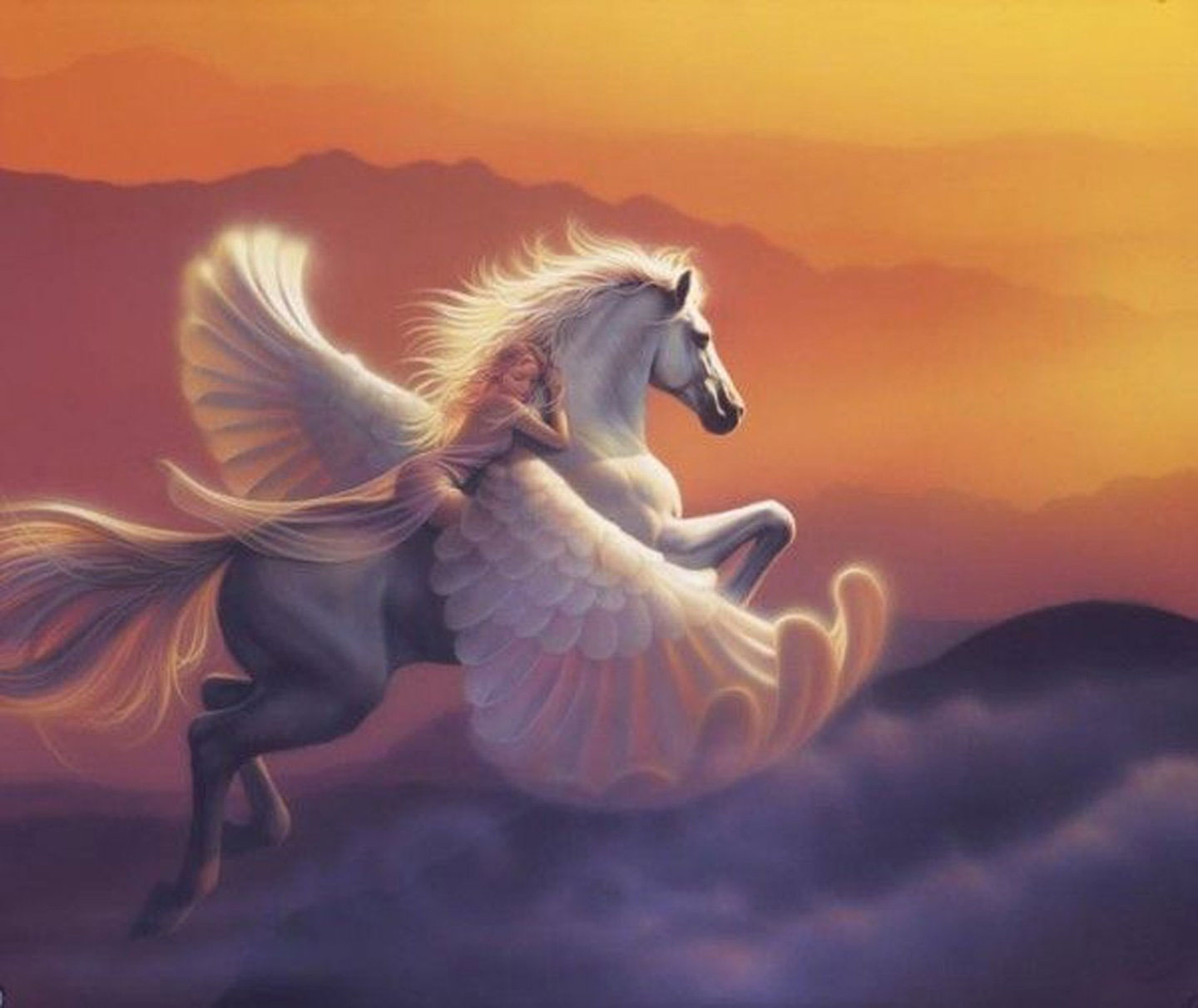 Wallpaper Cloud, Fantasy, Girl, Horse, Pegasus, Sky, Sunset