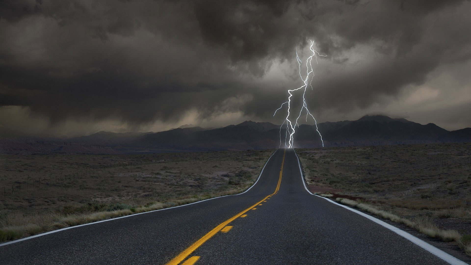 Wallpaper Gray And Orange Road, Freeway Struck By Lightning