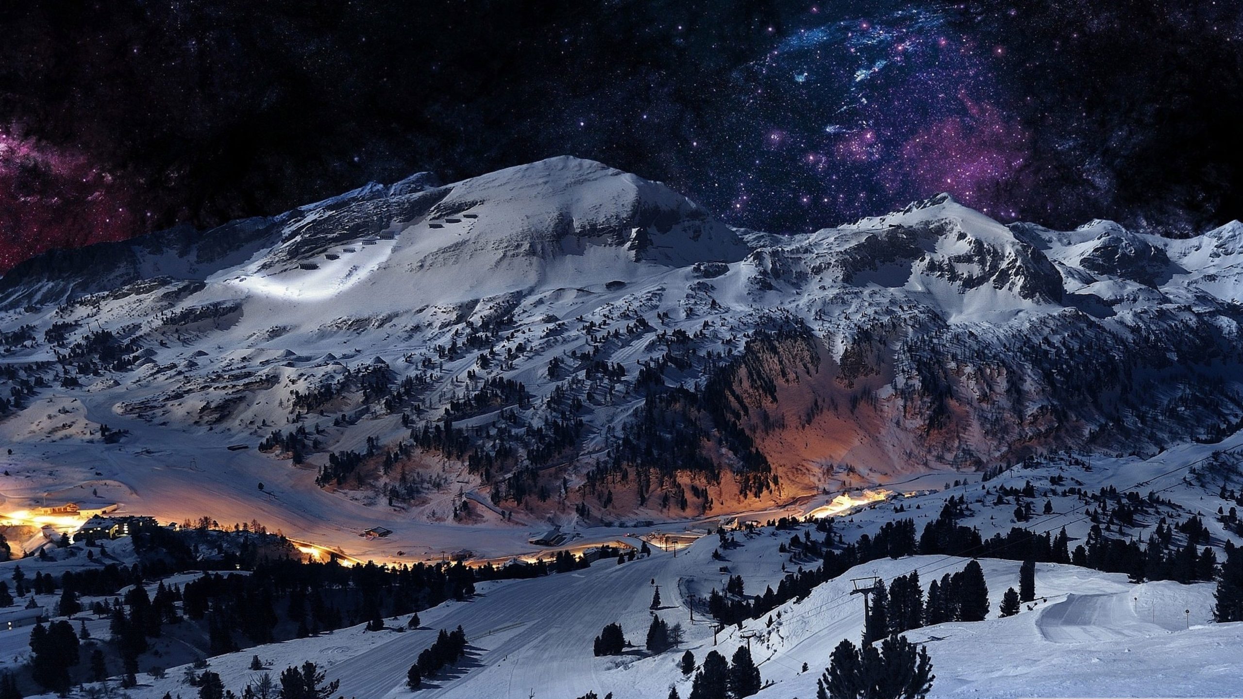 Wallpaper Nature, Sky, Snow, Winter, Starry Sky, Mountain