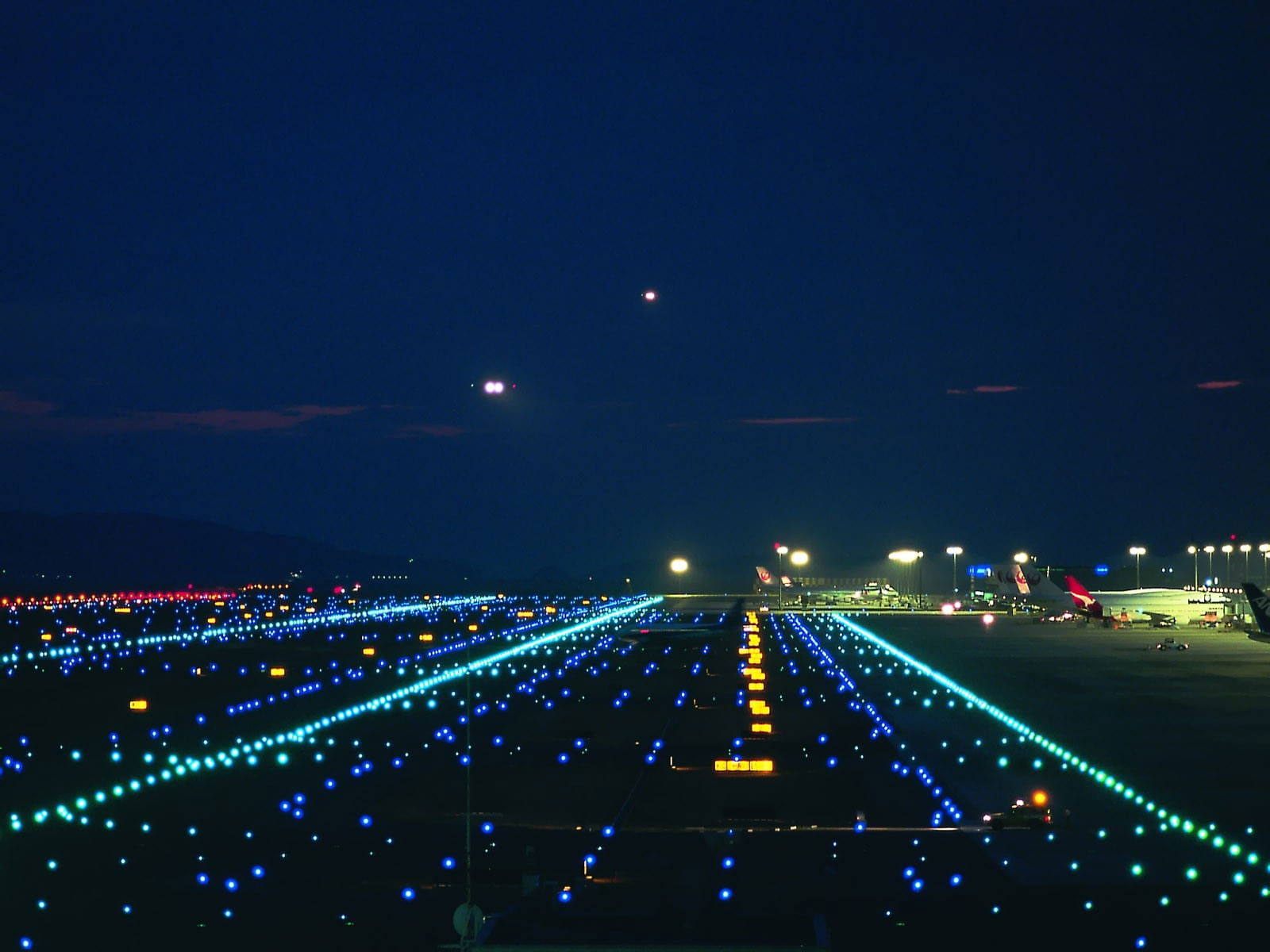 Wallpaper Airport Runway, Lights, Night, Airplane, Illumine