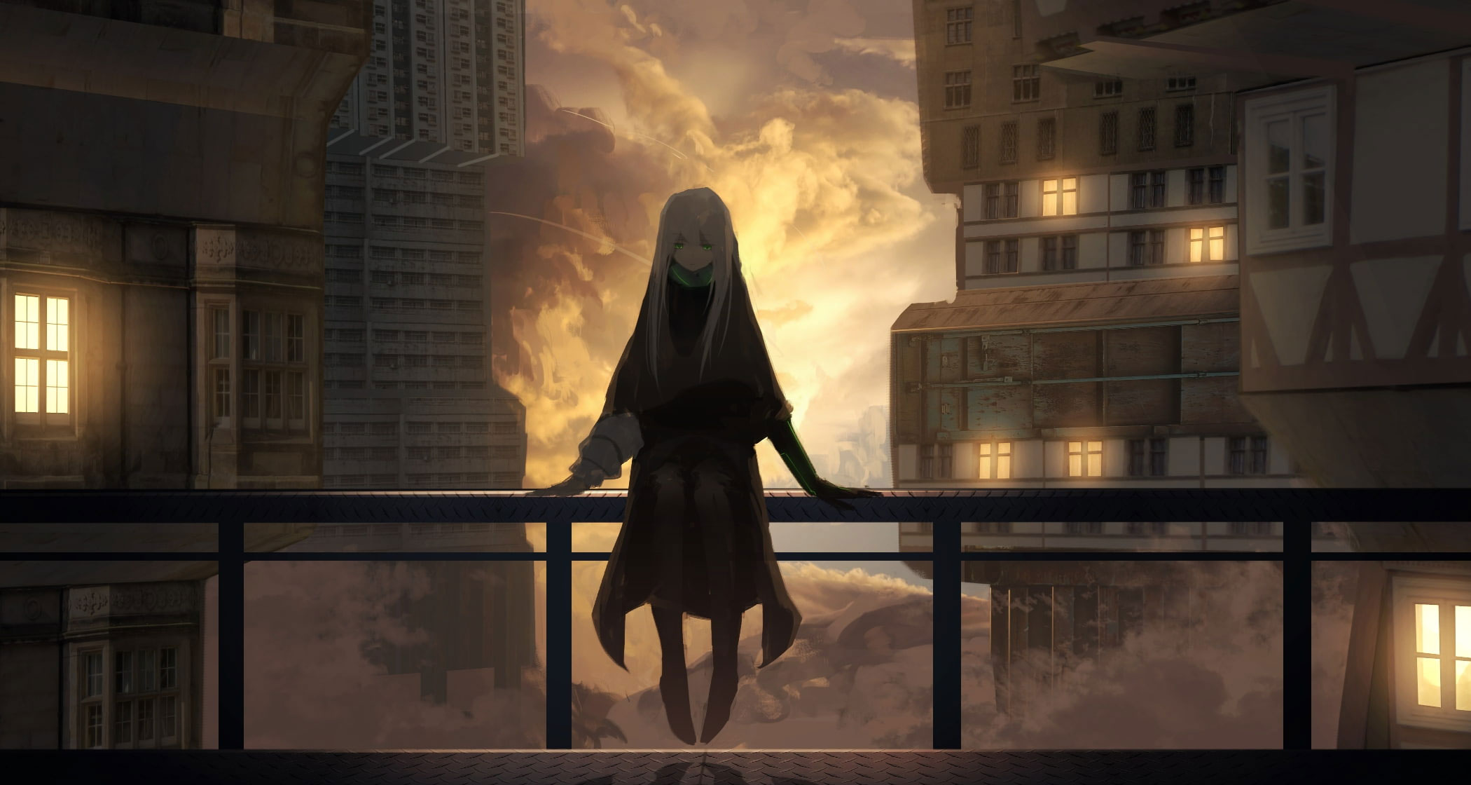 Wallpaper Anime Girl, Buildings, Clouds, Depressed Express