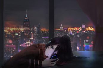 Wallpaper Anime Girl, Depressed, Cityscape, Music, Scarf
