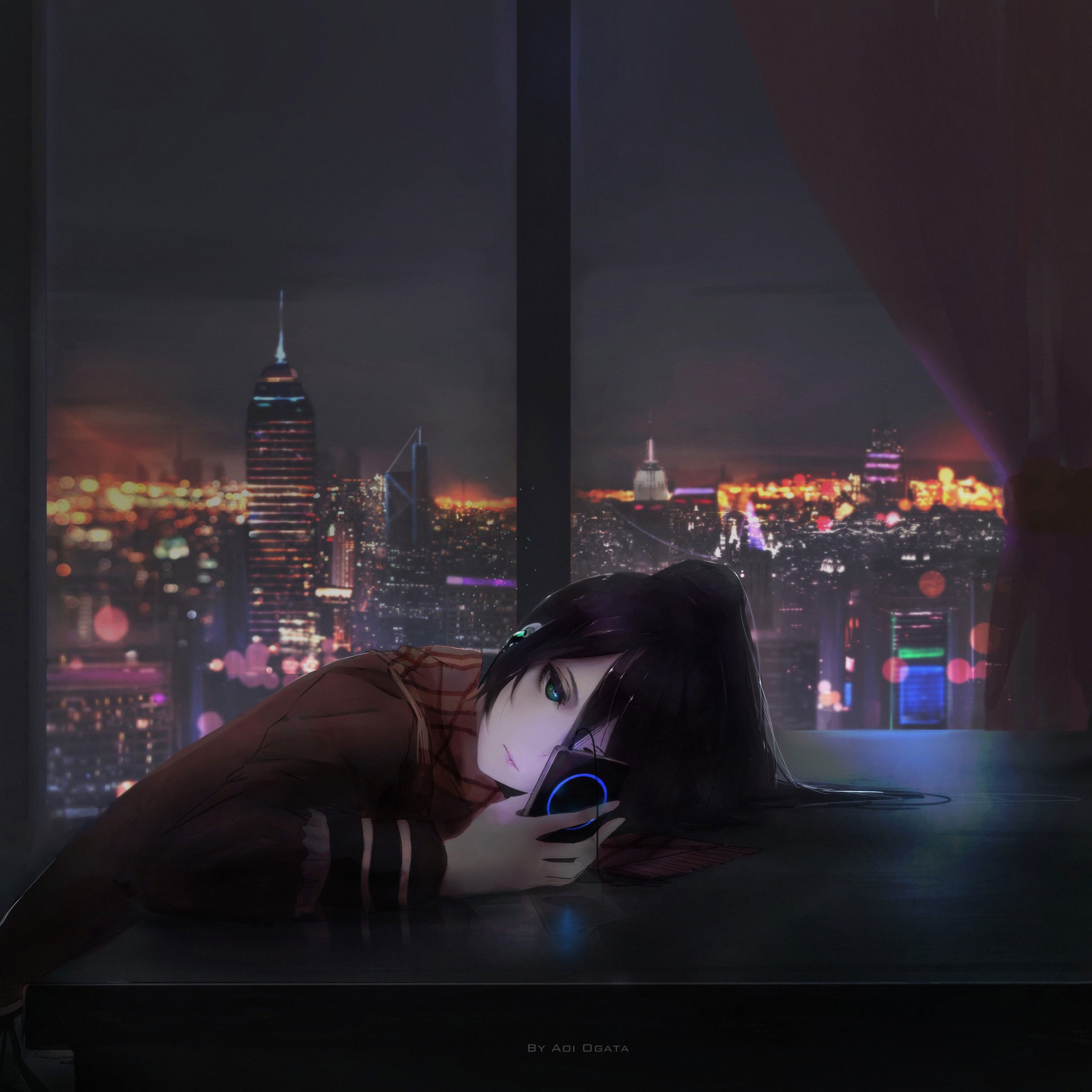 Wallpaper Anime Girl, Depressed, Cityscape, Music, Scarf - Wallpaperforu