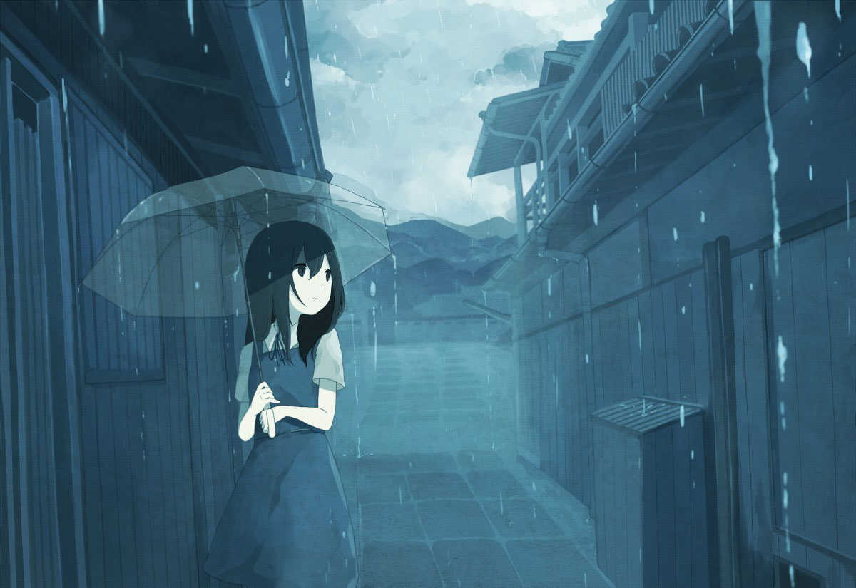 Wallpaper Anime Girls, Rain, Umbrella, City, One Person