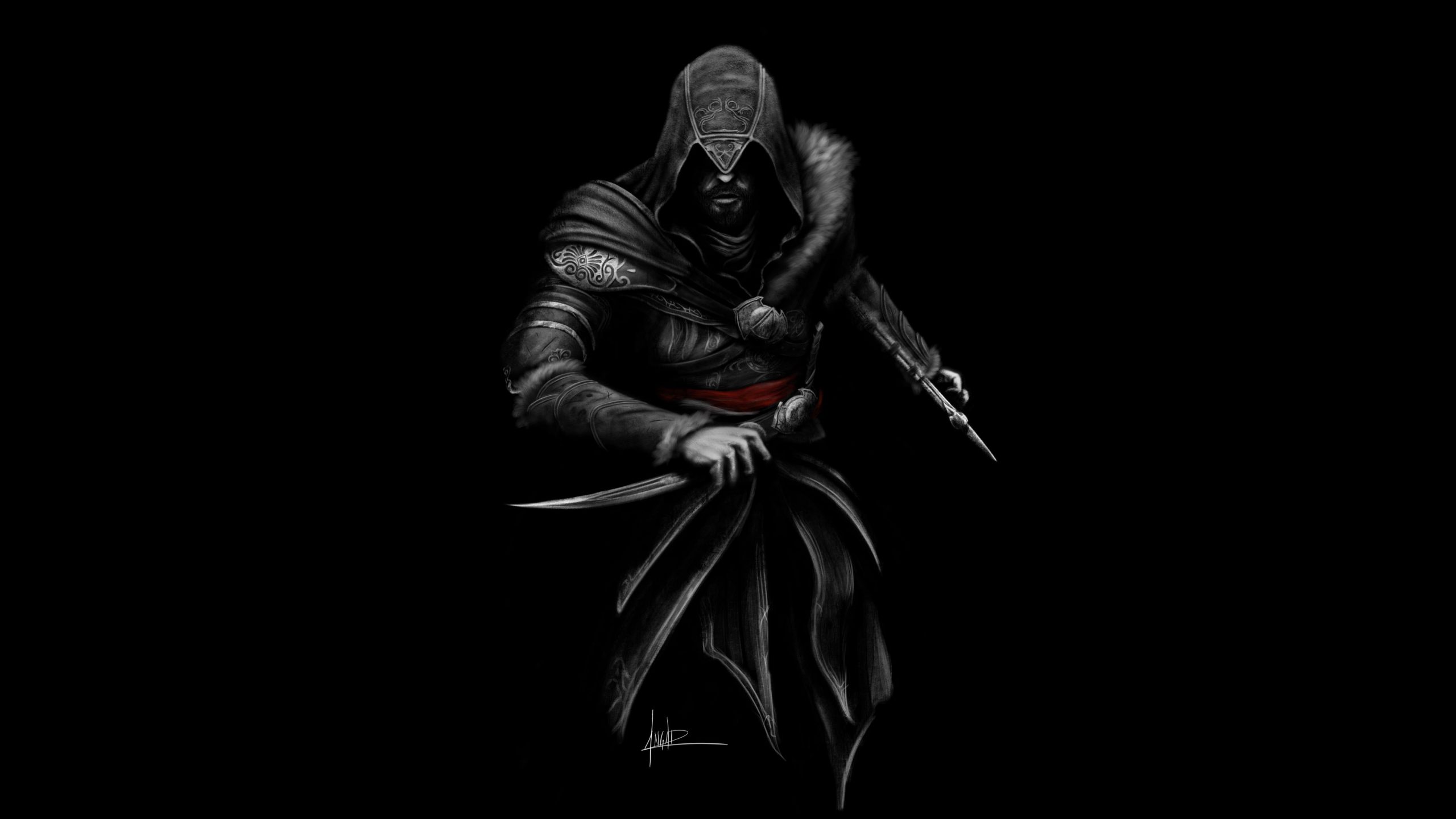 Wallpaper Fan Art, Assassins Creed, Dark Background, Ezio