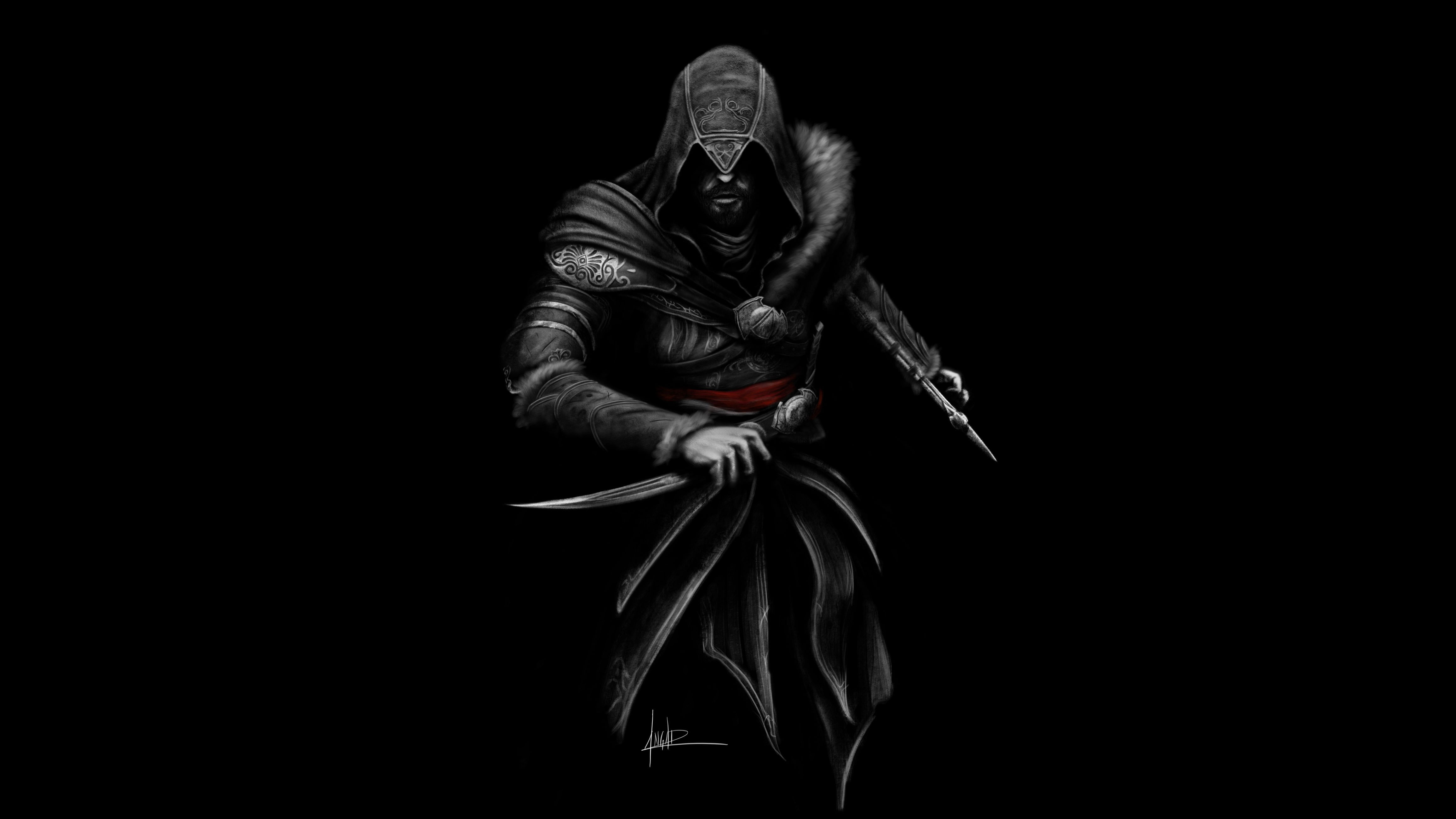 Wallpaper Fan Art, Assassins Creed, Dark Background, Ezio, Assassin's Creed, Dark