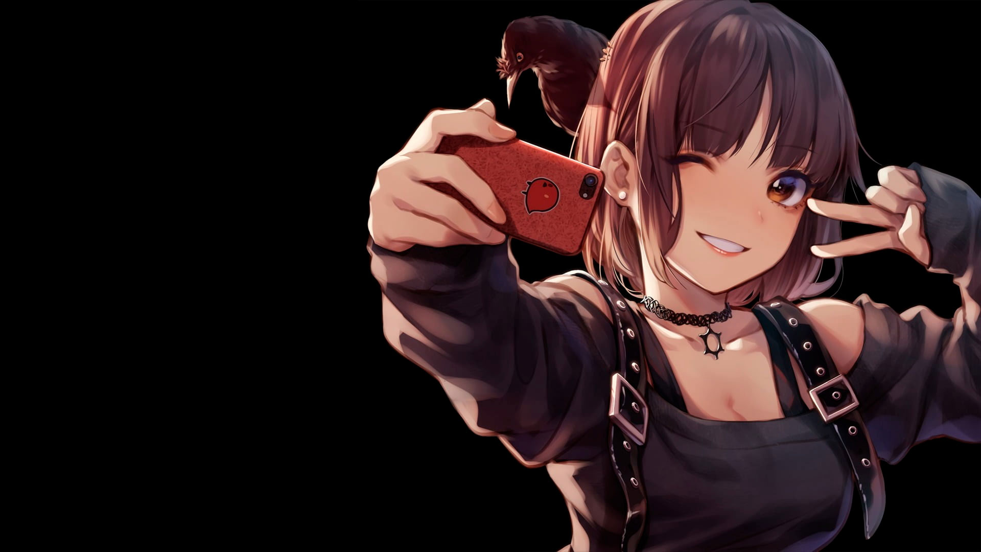 Wallpaper Female Anime Character Holding Smartphone